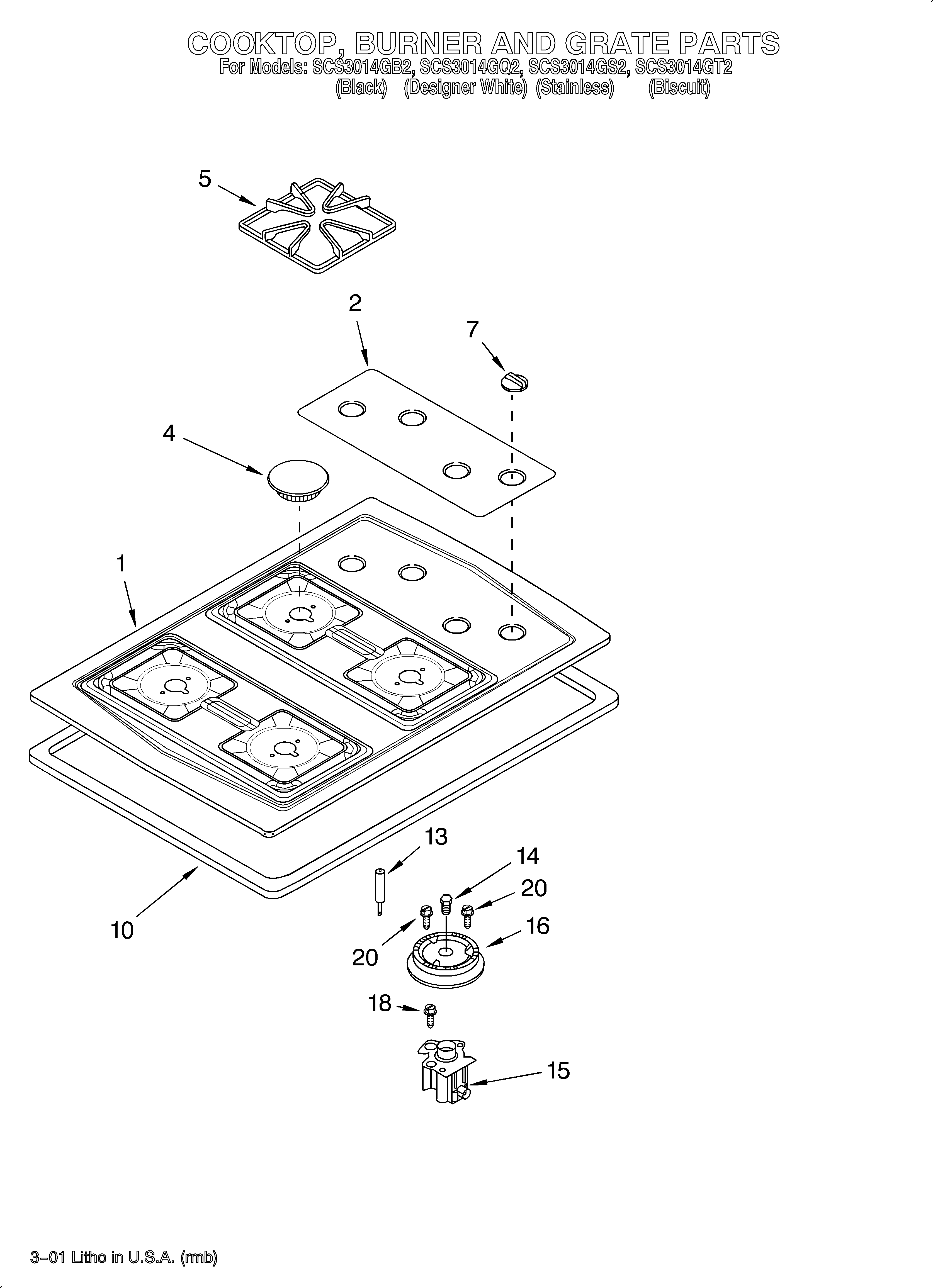Whirlpool SCS3014GQ2 cooktop, burner, grate diagram