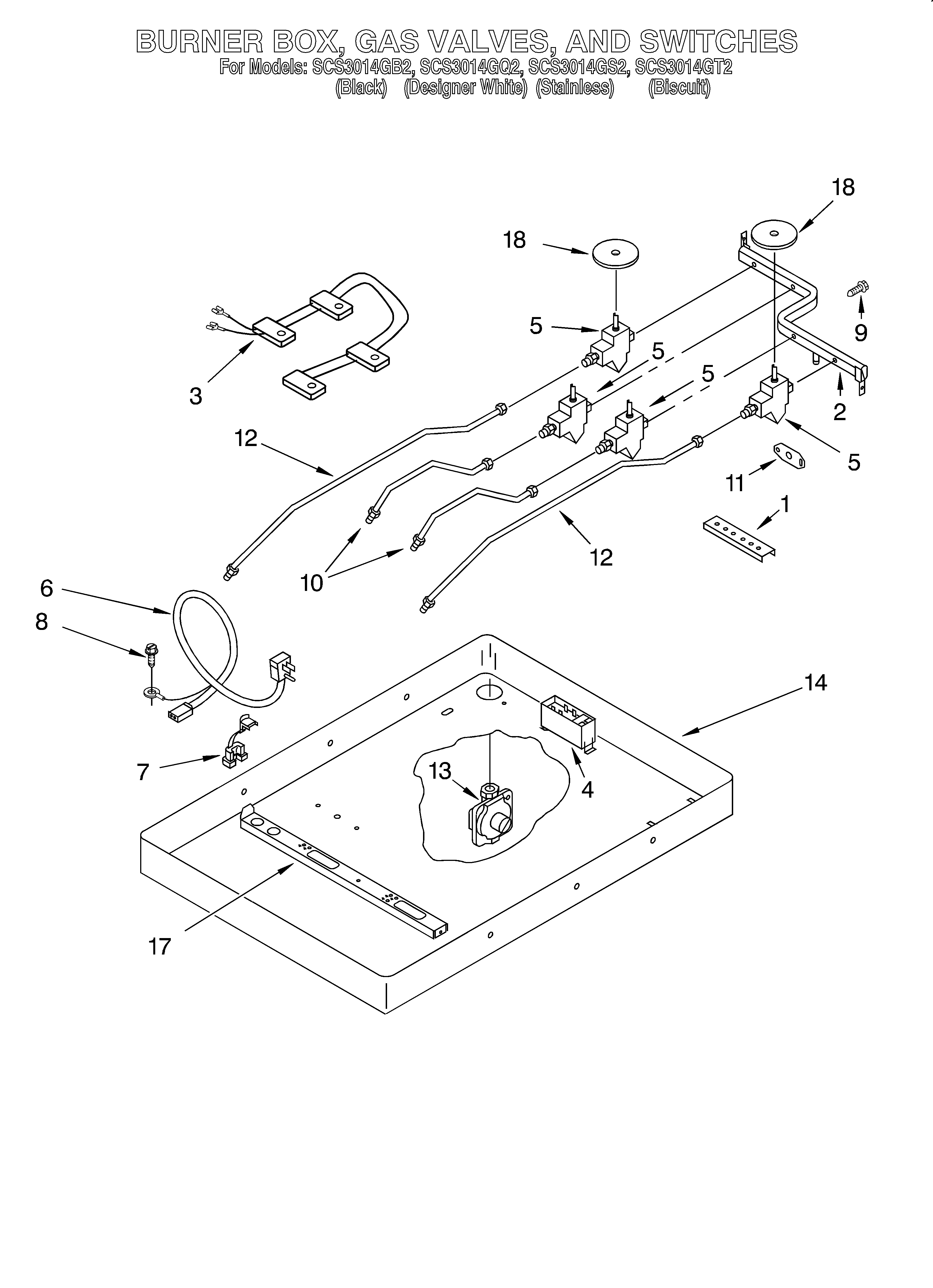 Whirlpool SCS3014GQ2 burner box, gas valves, switches diagram
