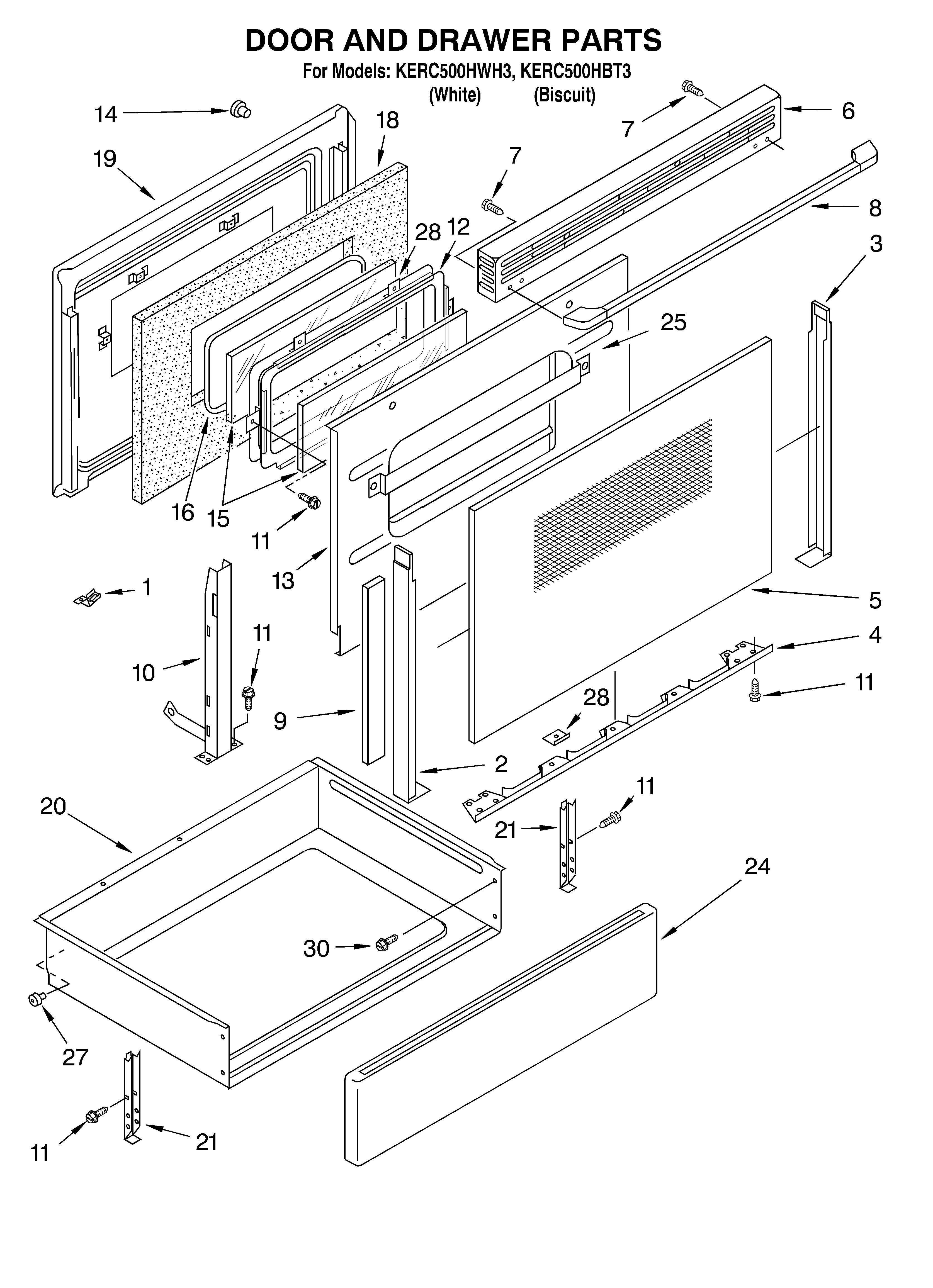 KitchenAid KERC500HWH3 door and drawer diagram