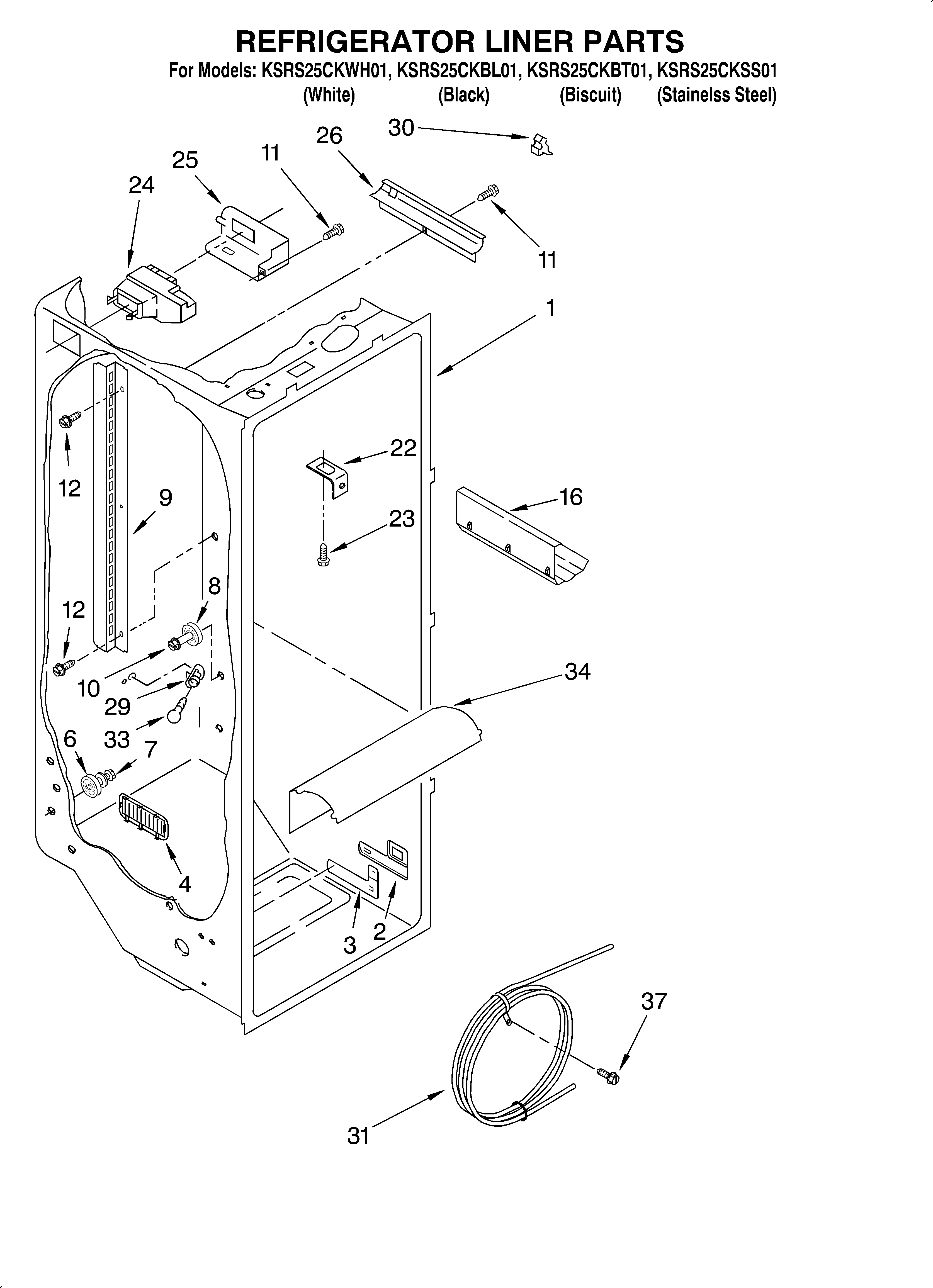 KitchenAid KSRS25CKBL01 refrigerator liner diagram
