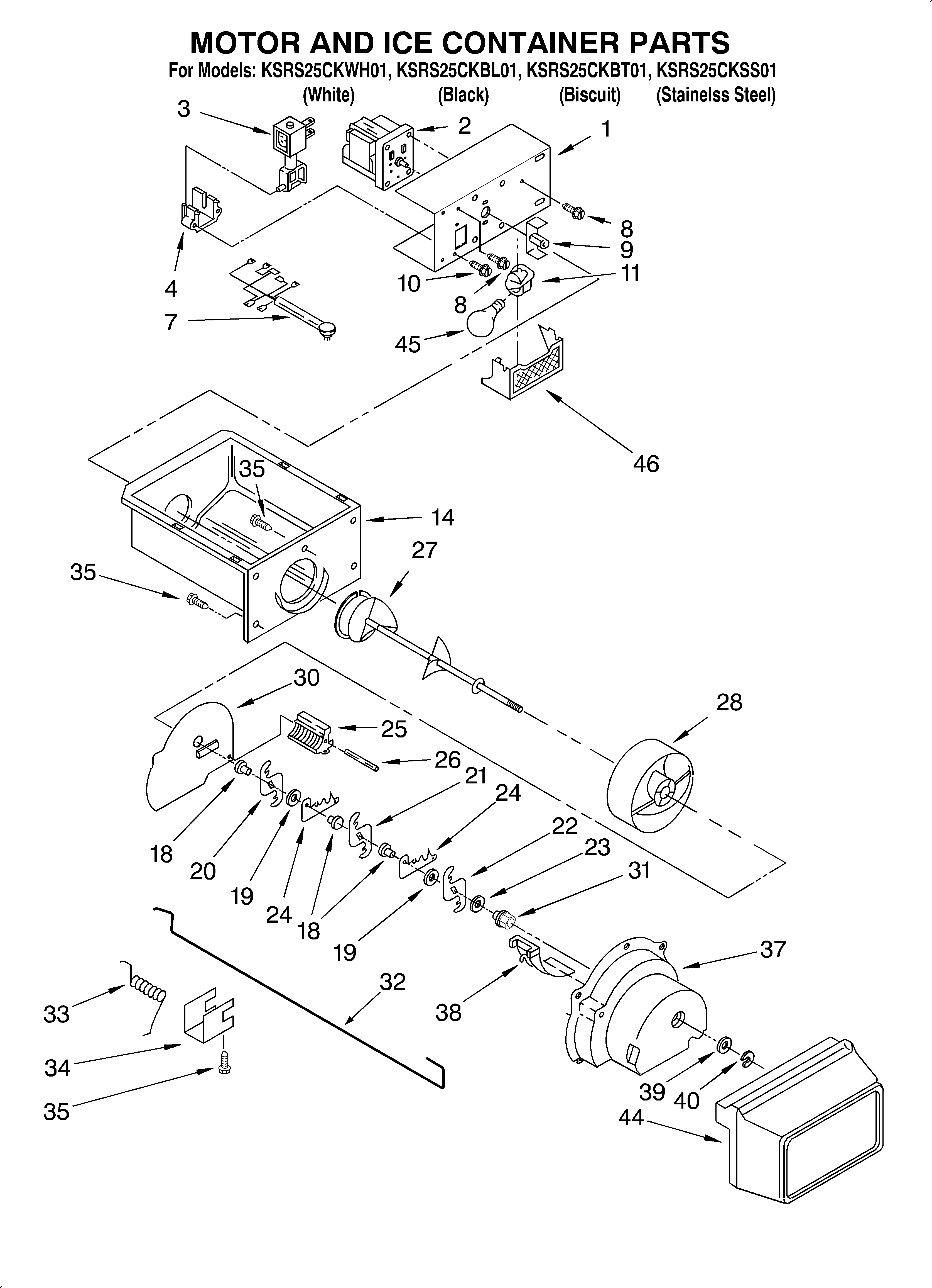 KitchenAid KSRS25CKBL01 motor and ice container diagram