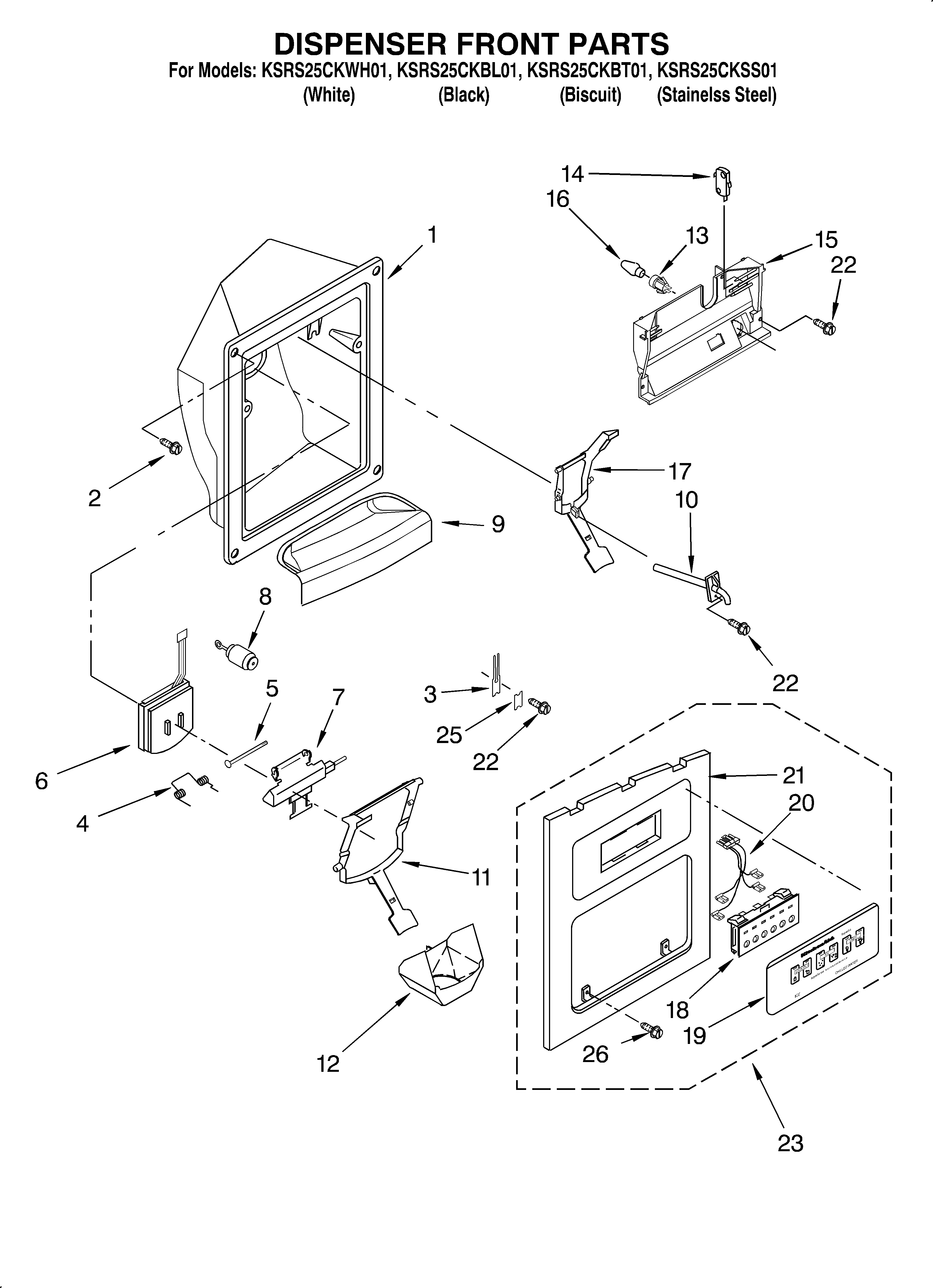KitchenAid KSRS25CKBL01 dispenser front diagram
