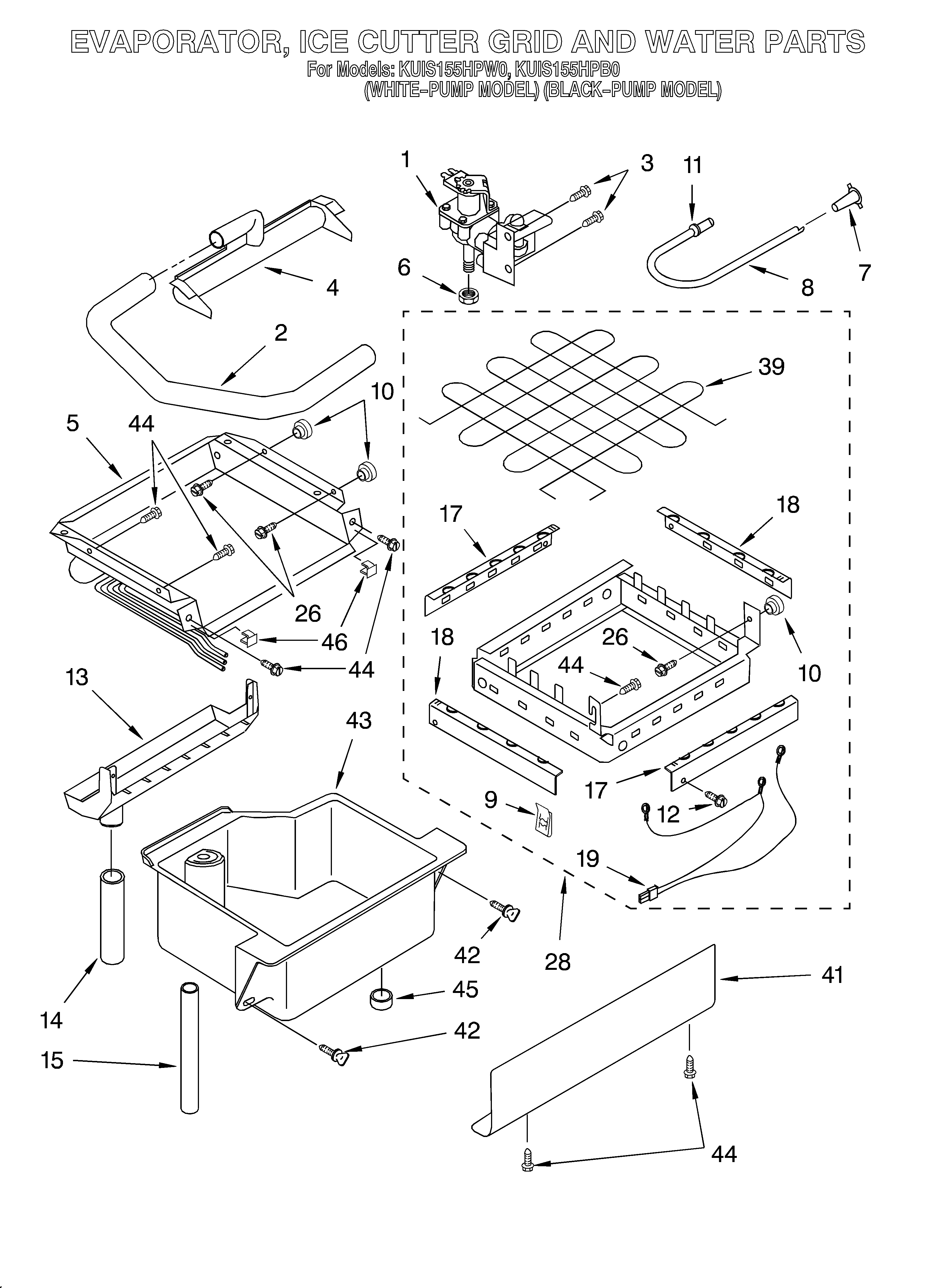 KitchenAid KUIS155HPB0 evaporator, ice cutter grid and water diagram