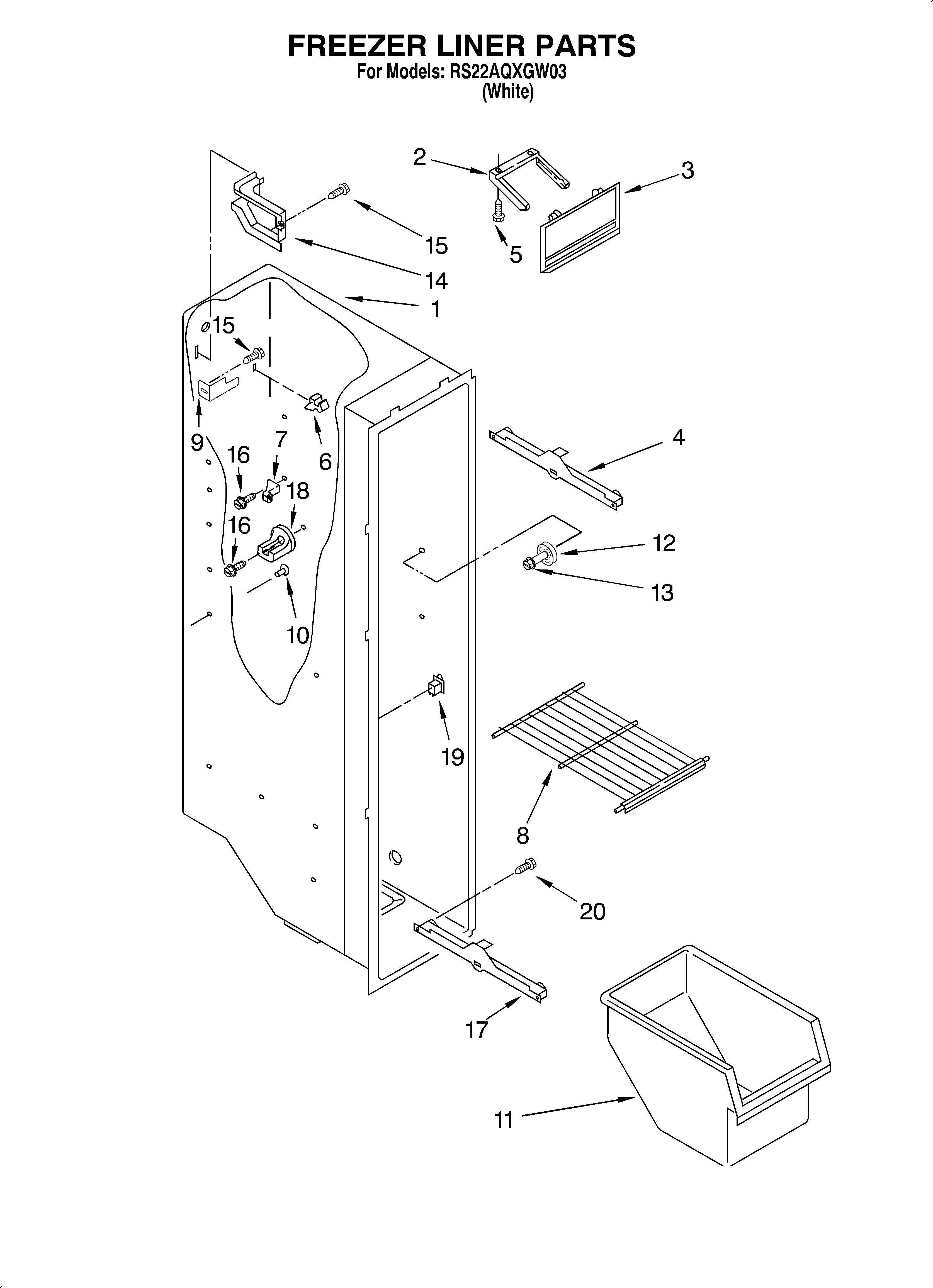 Roper RS22AQXGW03 freezer liner diagram