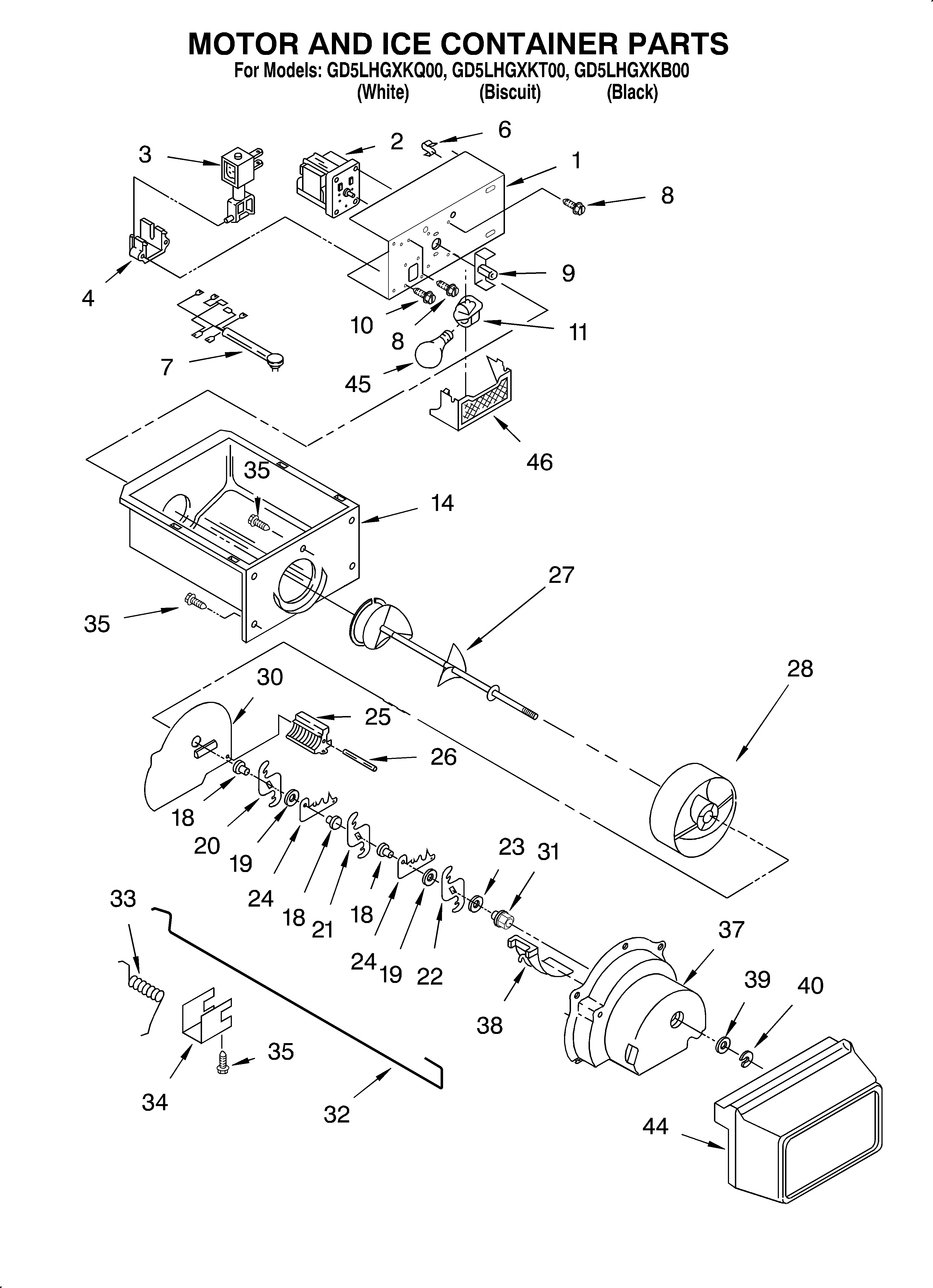 Whirlpool GD5LHGXKB00 motor and ice container diagram