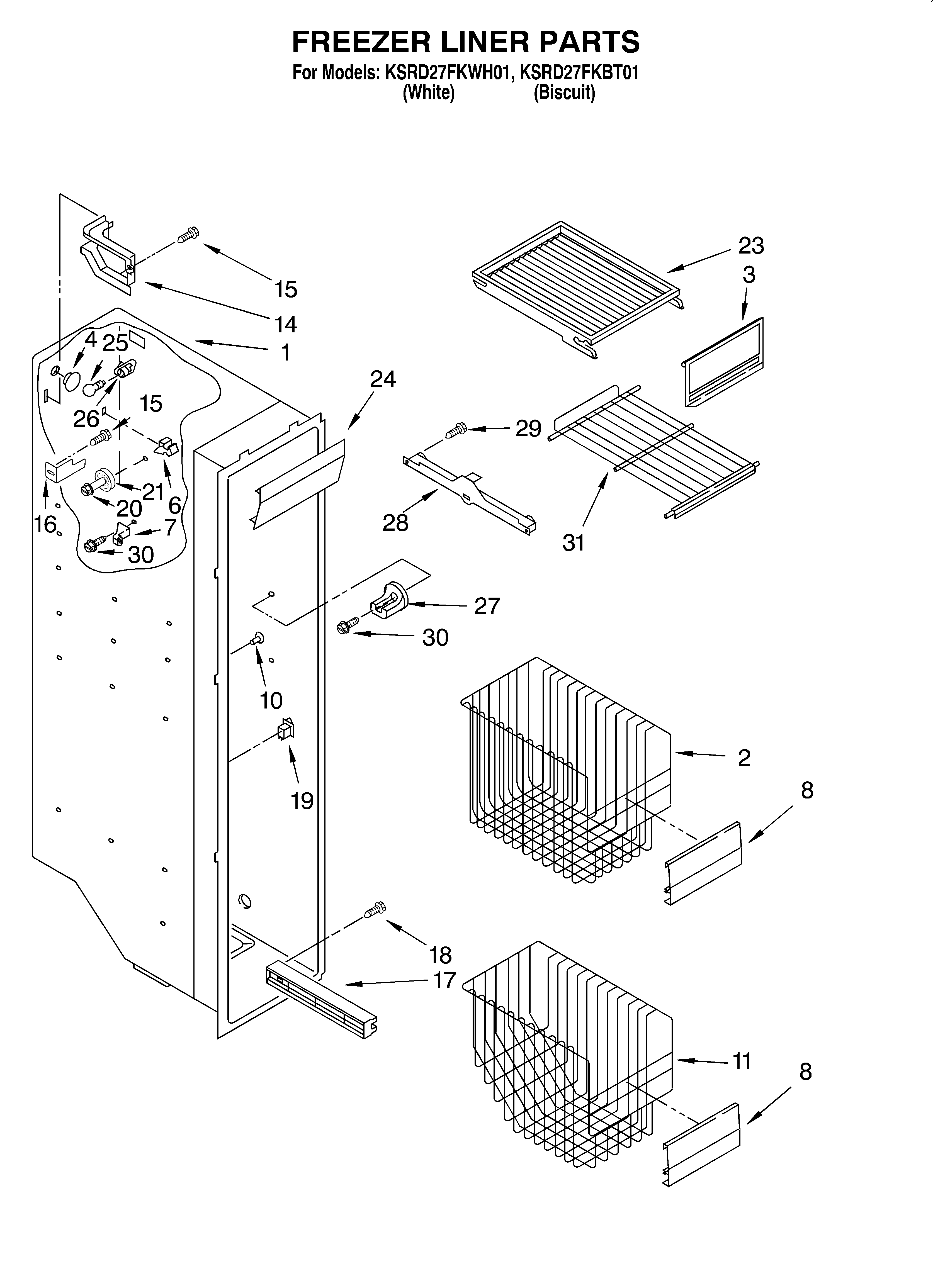 KitchenAid KSRD27FKBT01 freezer liner diagram