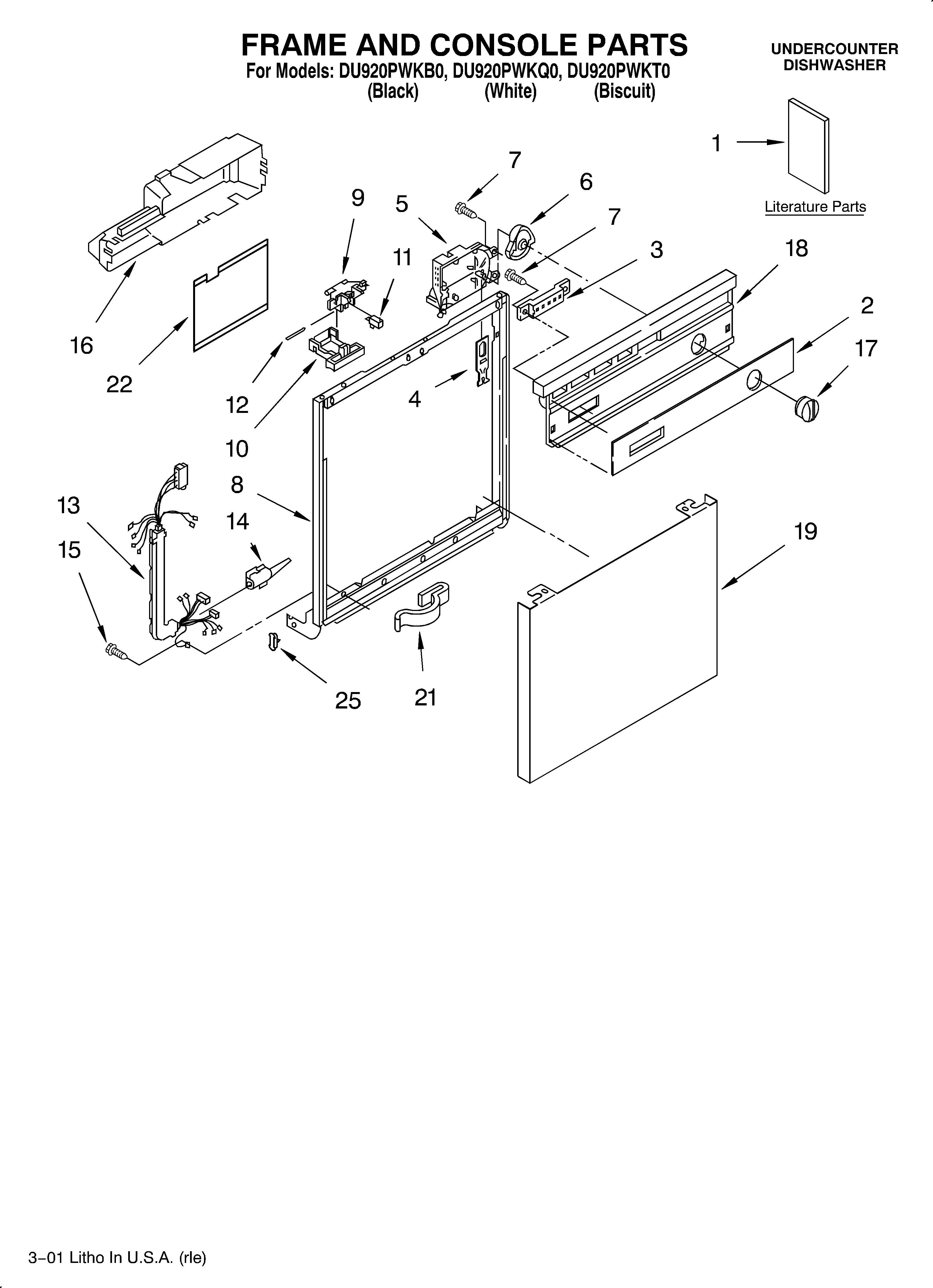 Whirlpool DU920PWKQ0 frame and console/literature diagram