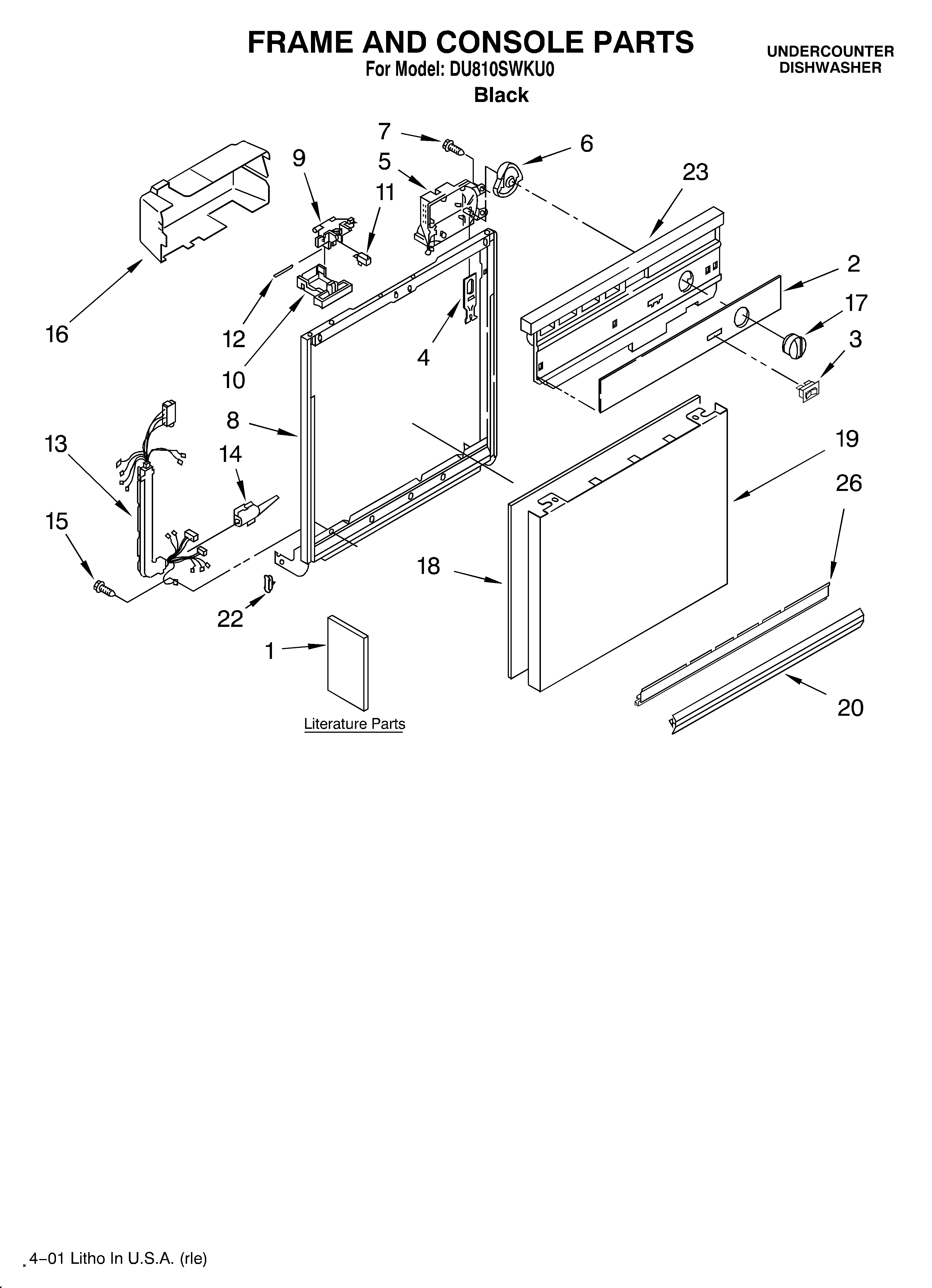 Whirlpool DU810SWKU0 frame and console/literature diagram