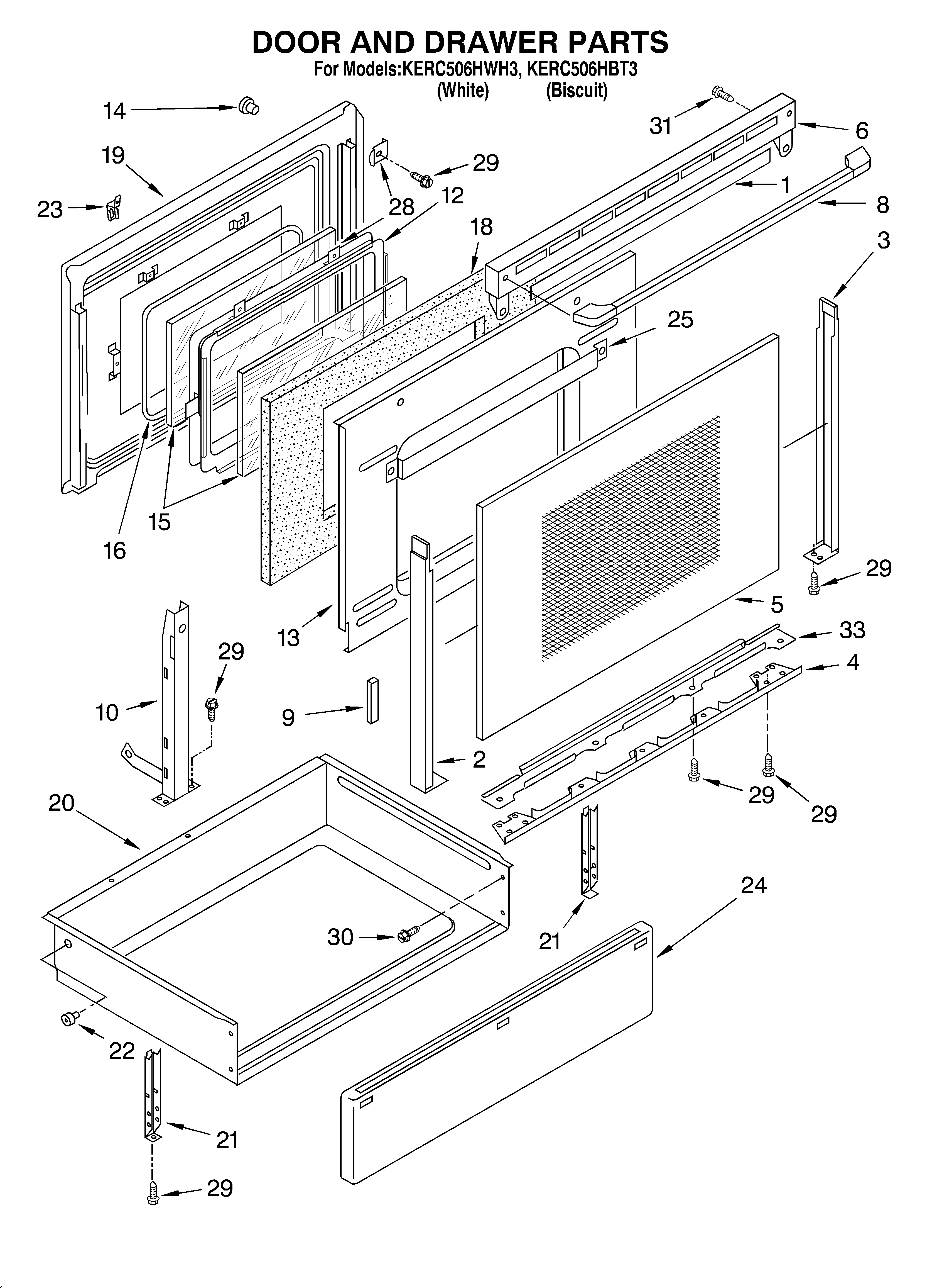 KitchenAid KERC506HBT3 door and drawer diagram