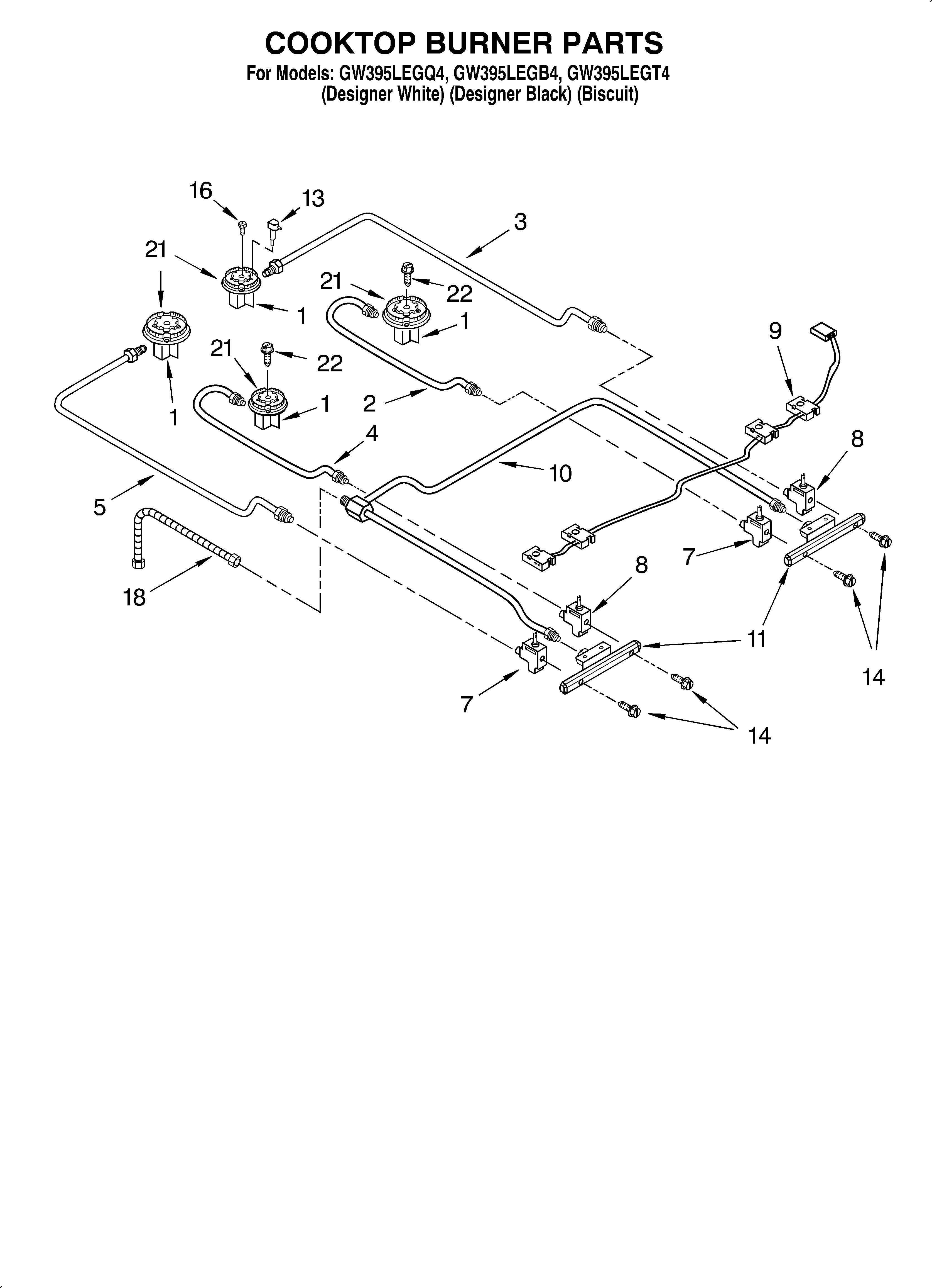Whirlpool GW395LEGT4 cooktop burner diagram