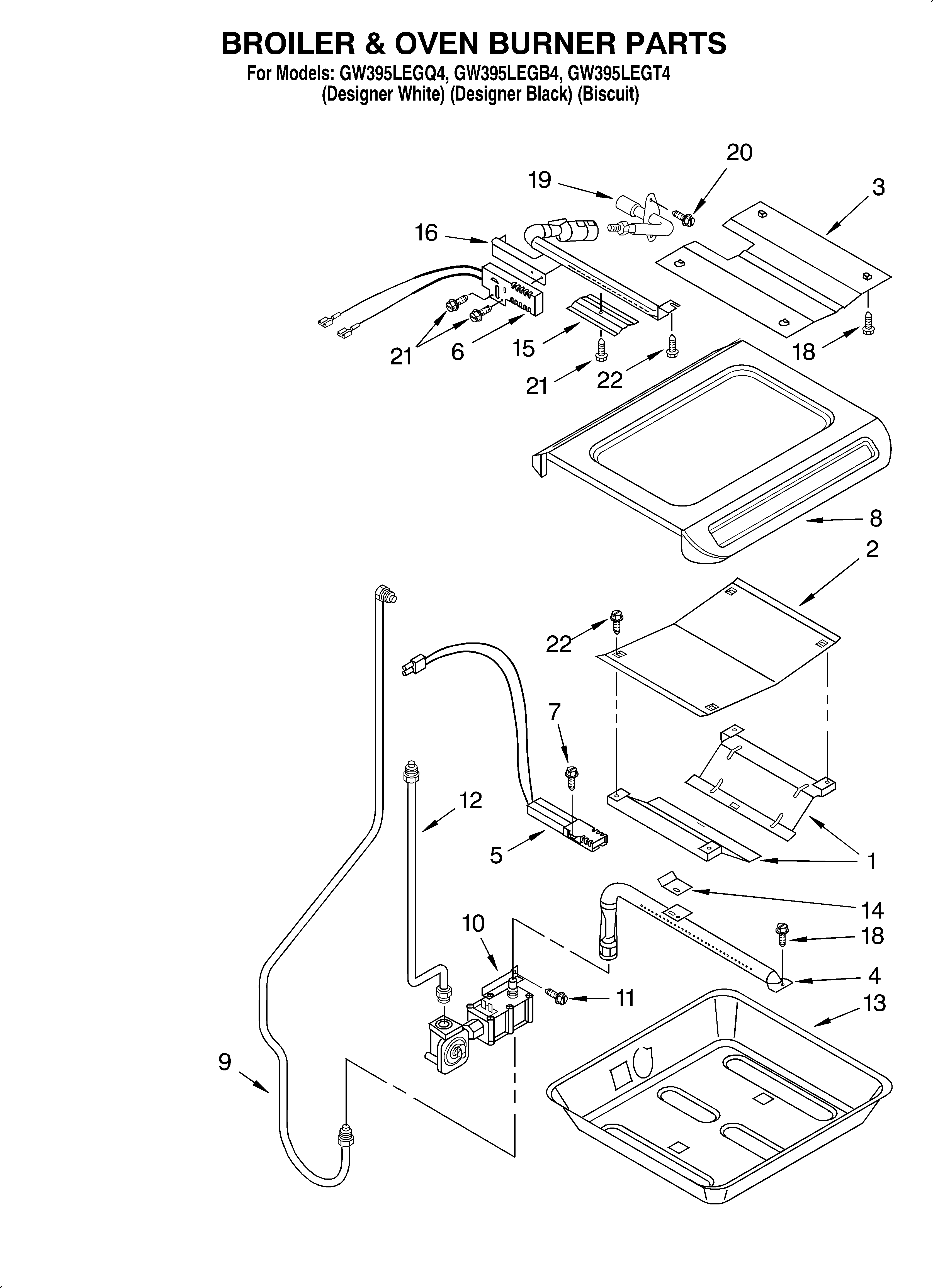 Whirlpool GW395LEGT4 broiler and oven burner diagram