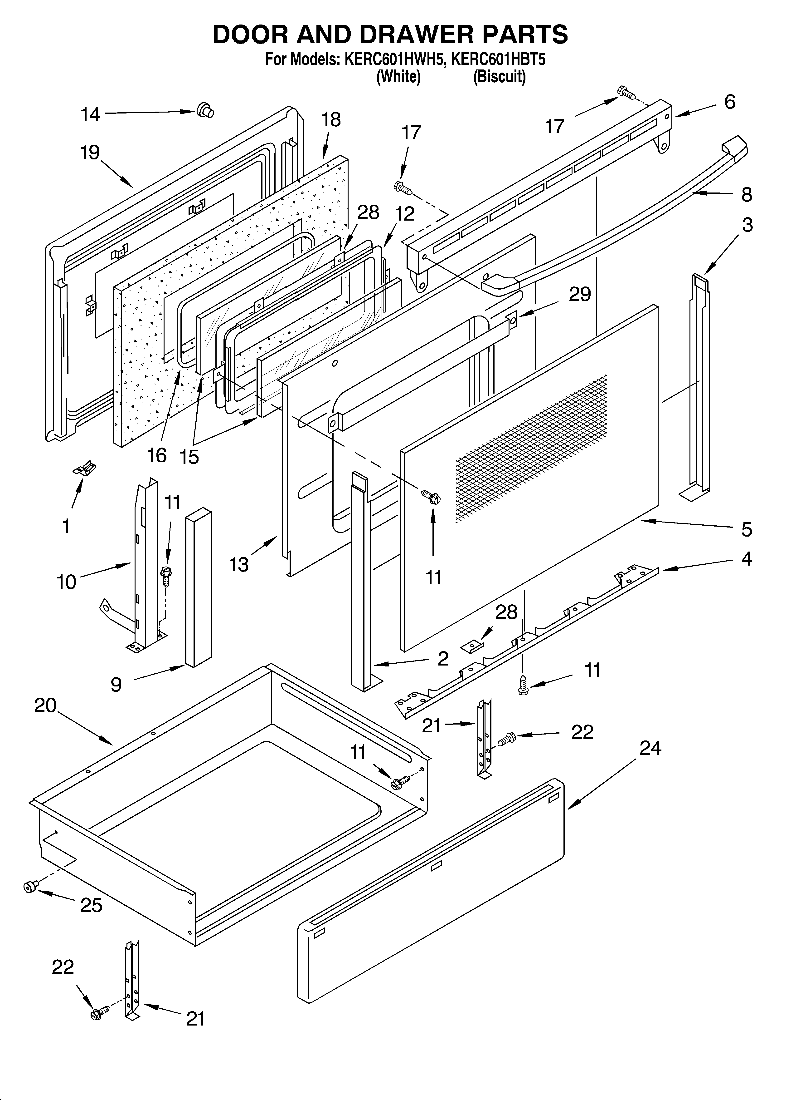 KitchenAid KERC601HBT5 door and drawer diagram