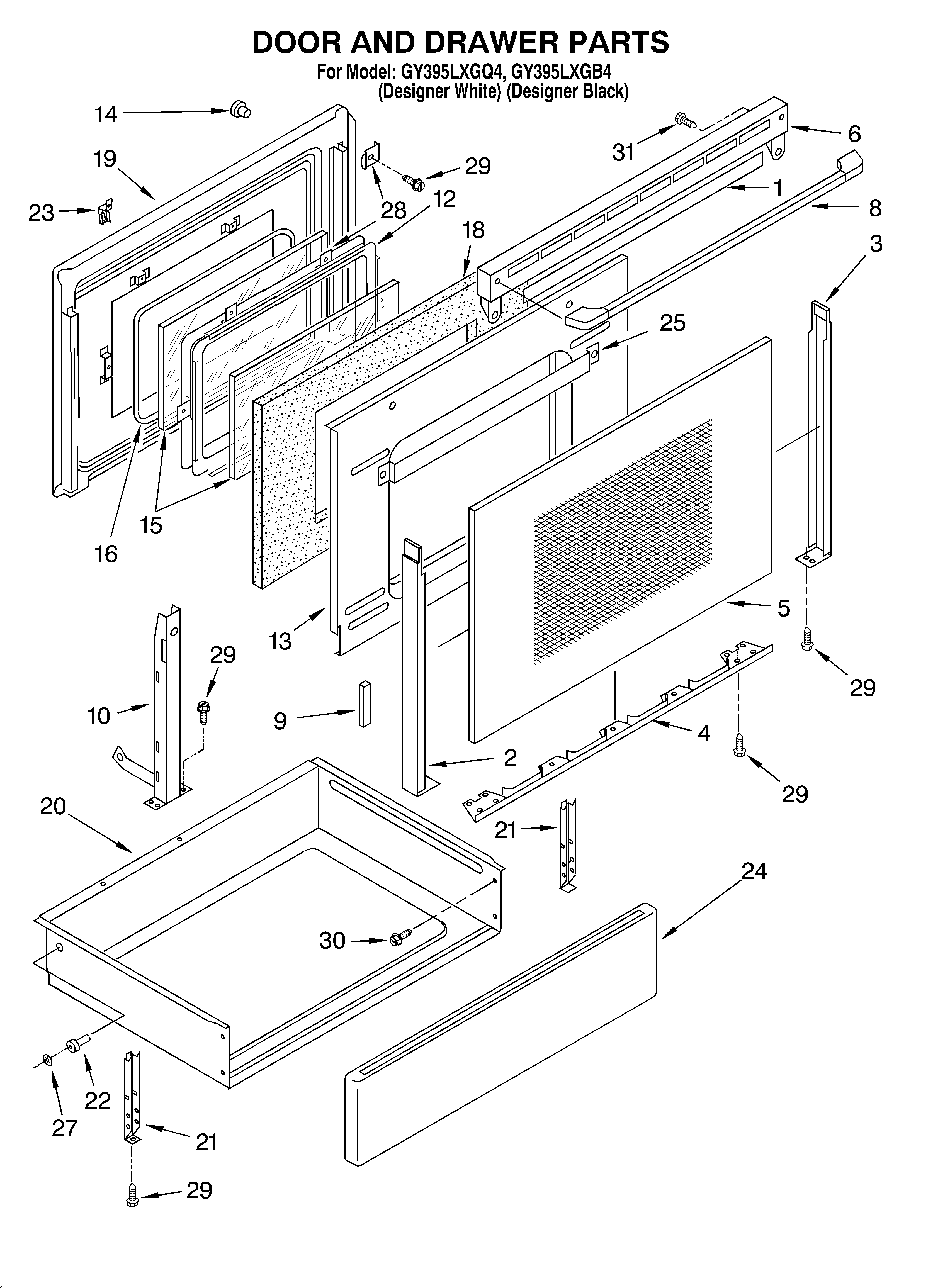 Whirlpool GY395LXGB4 door and drawer diagram