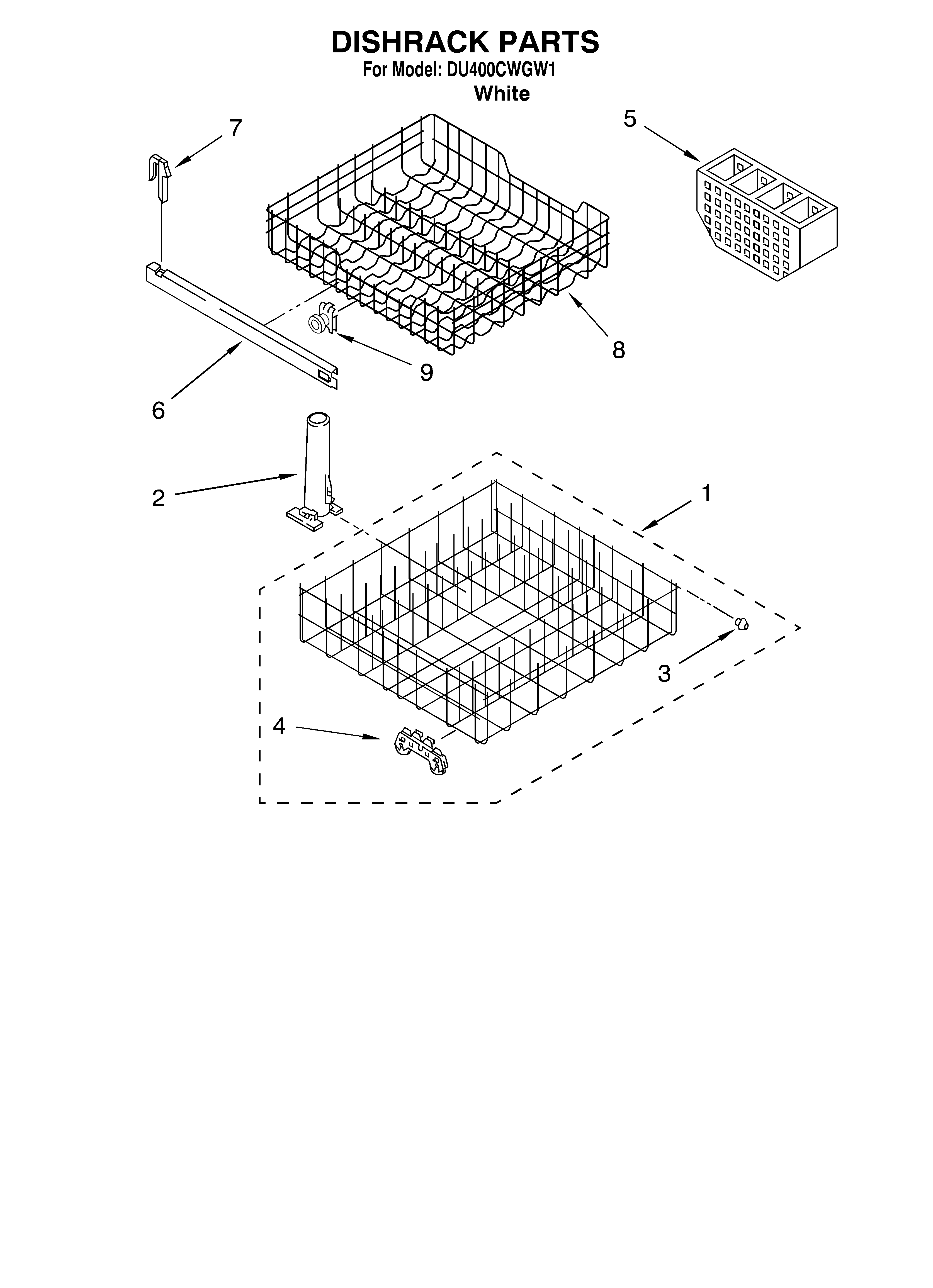 Whirlpool DU400CWGW1 dishrack diagram