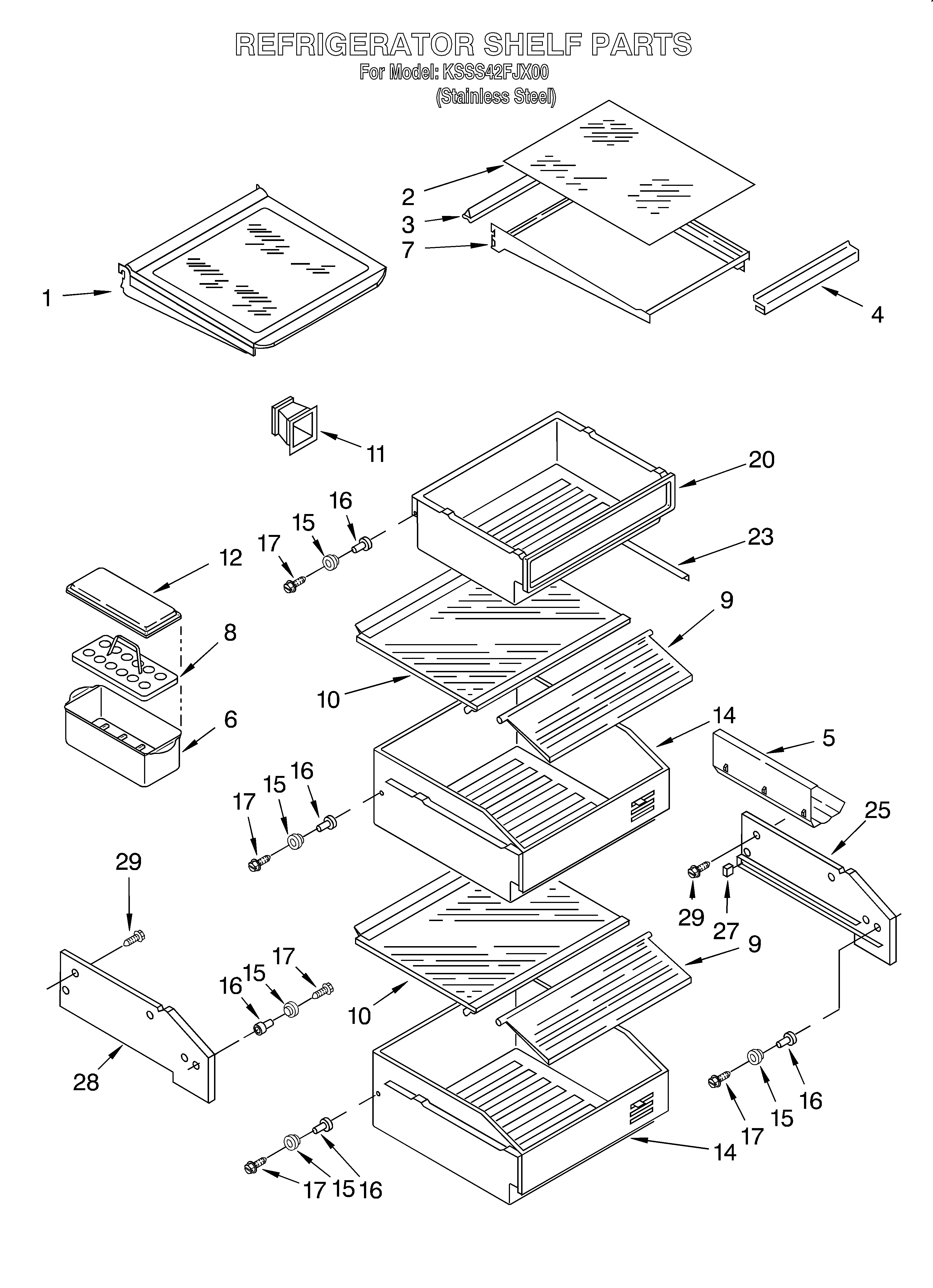 KitchenAid KSSS42FJX00 refrigerator shelf diagram