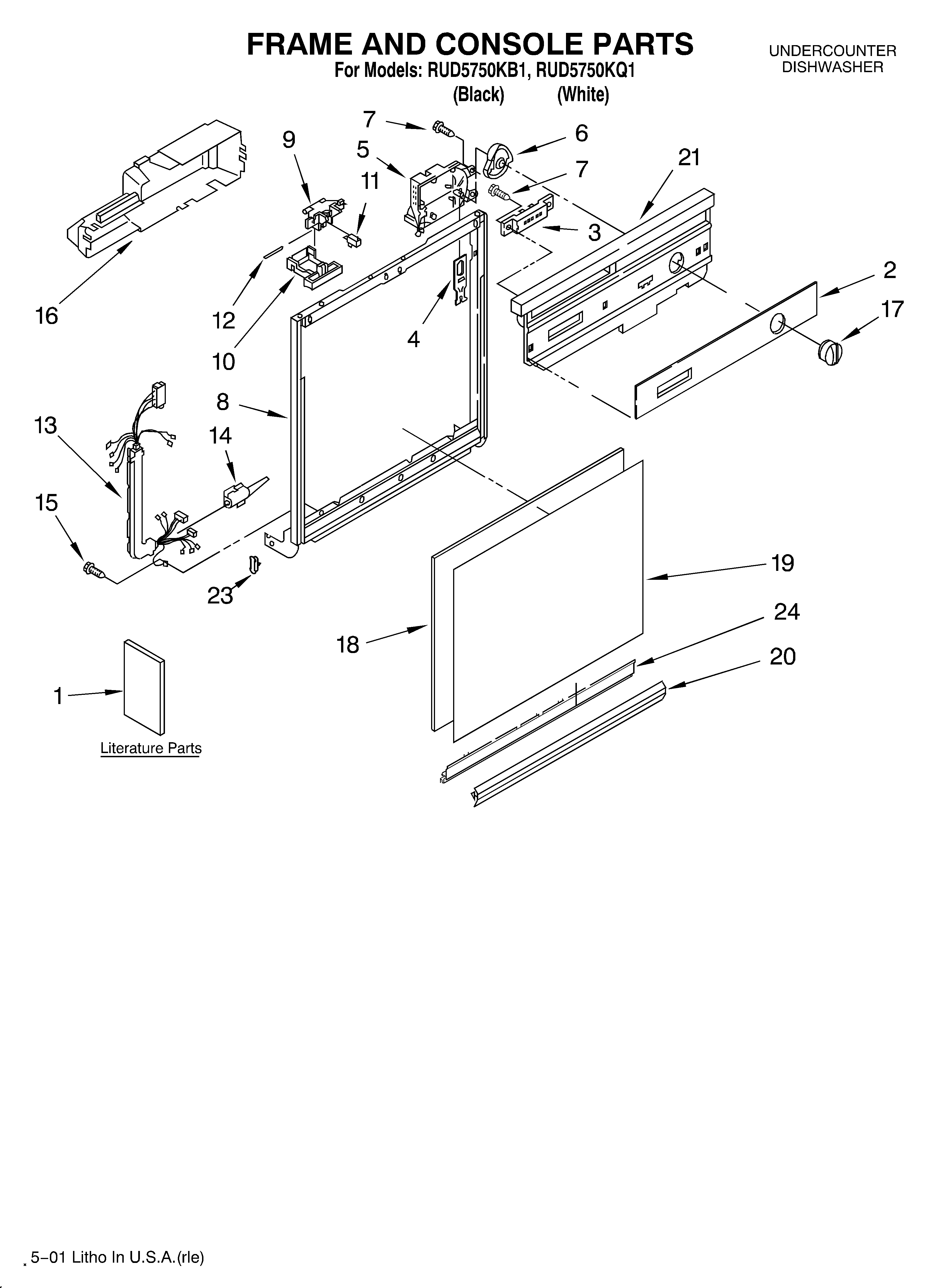 Roper RUD5750KB1 frame and console/literature diagram