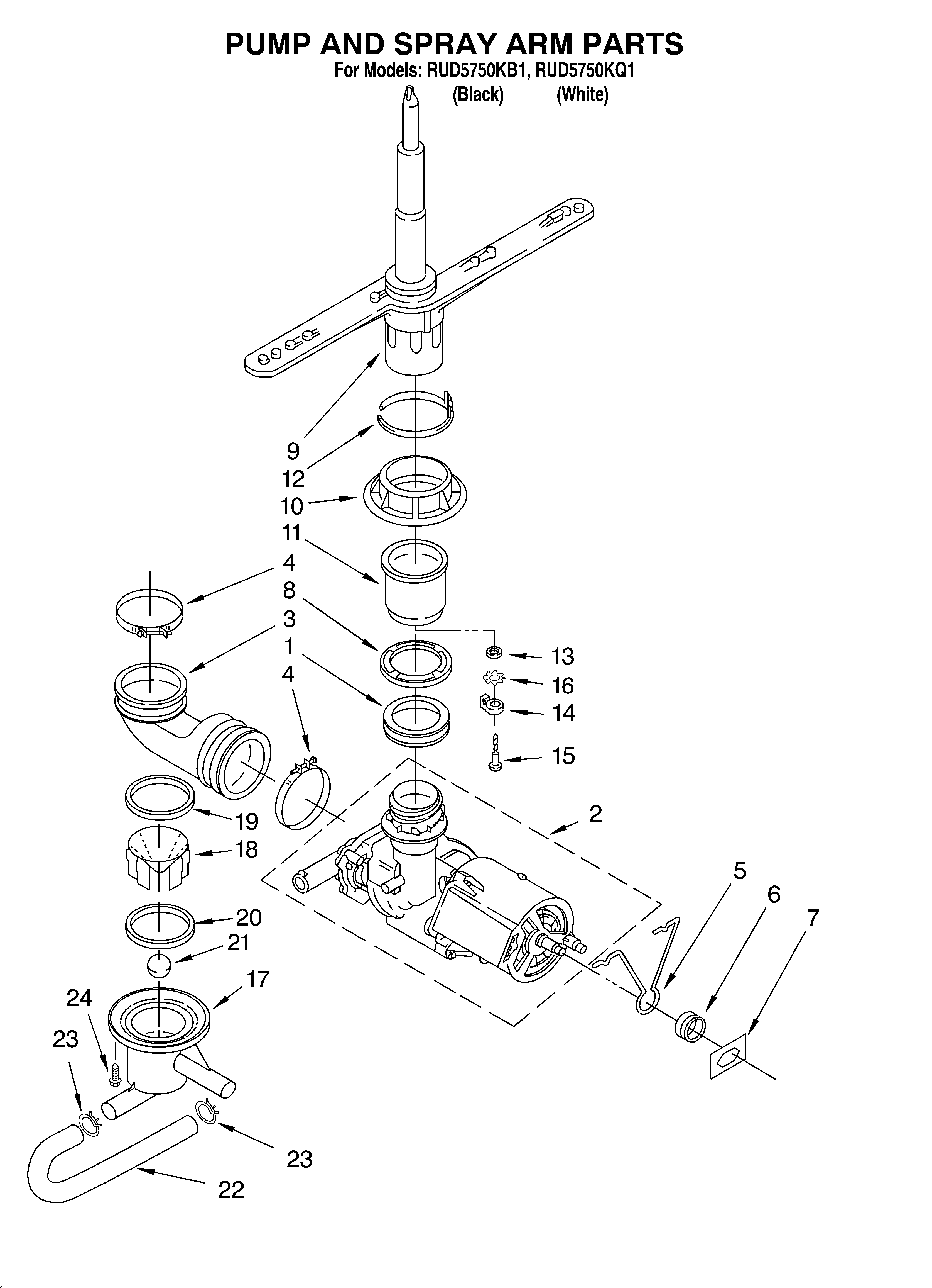 Roper RUD5750KB1 pump and sprayarm diagram