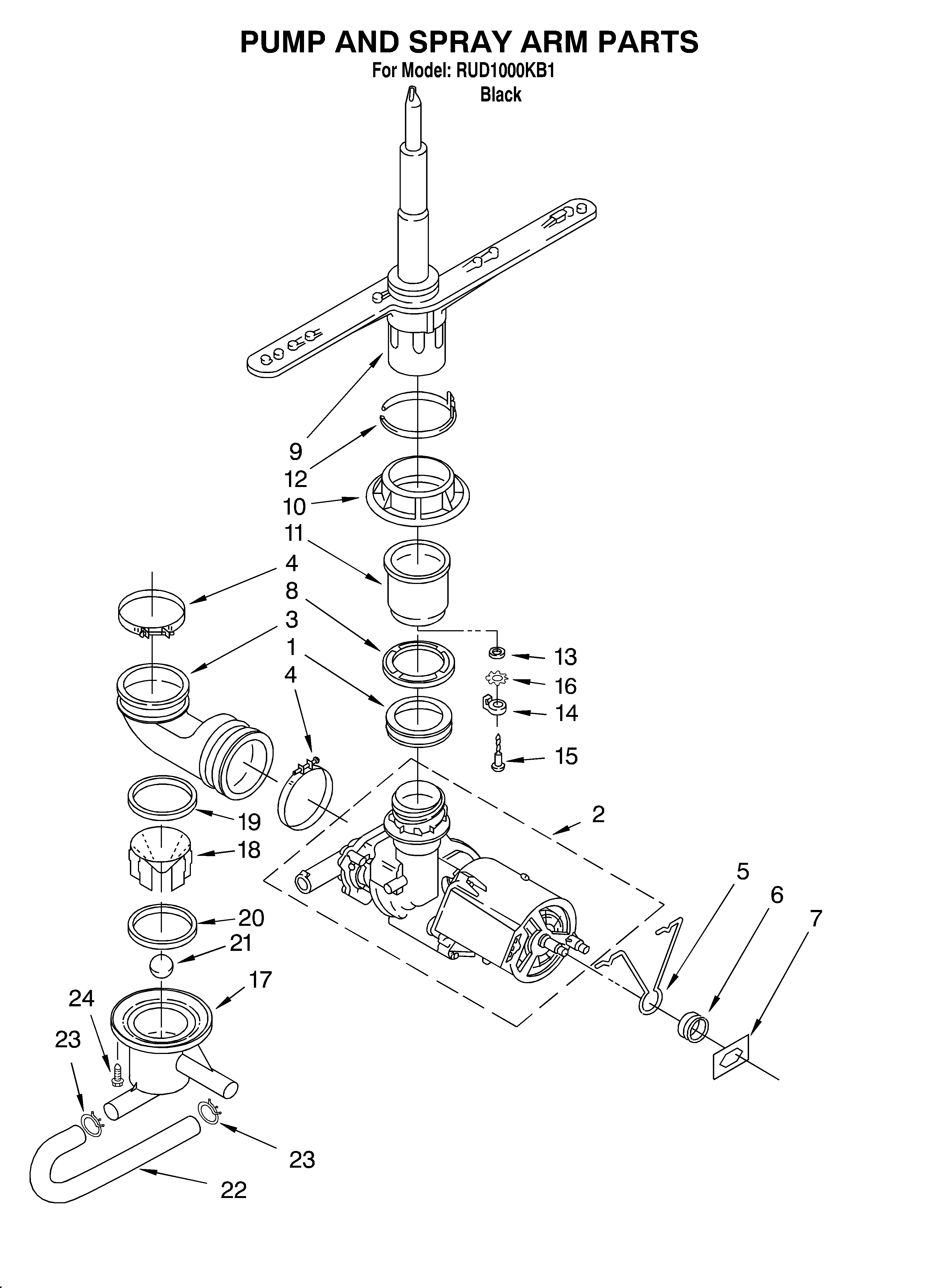 Roper RUD1000KB1 pump and sprayarm diagram
