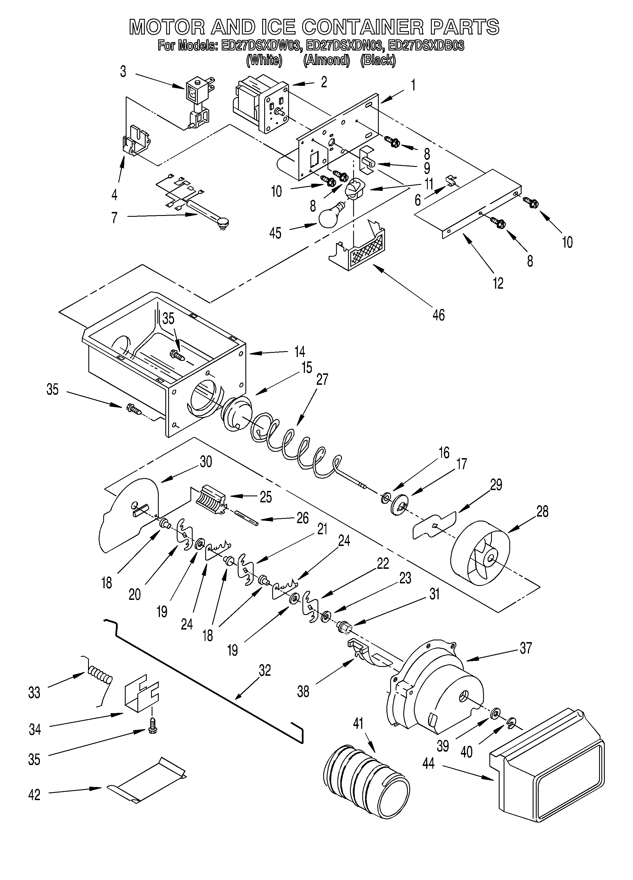 Whirlpool ED27DSXDN03 motor and ice container diagram