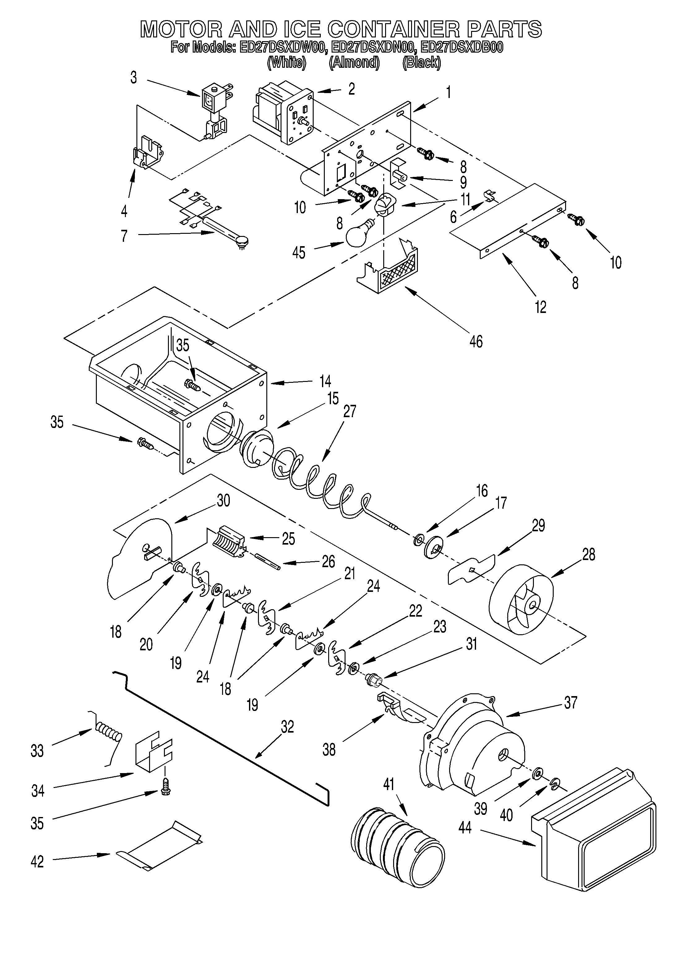 Whirlpool ED27DSXDW00 motor and ice container diagram