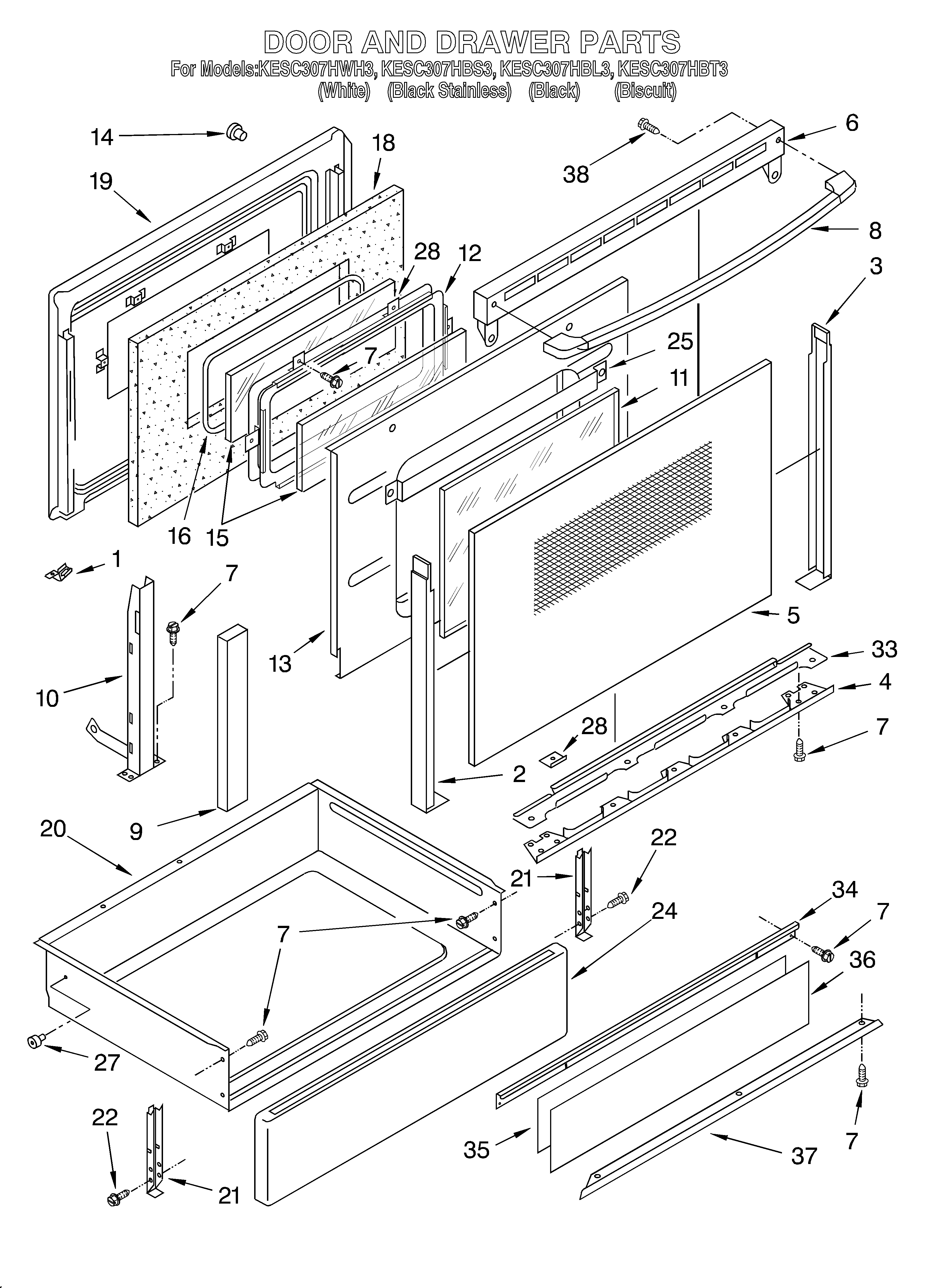 KitchenAid KESC307HBL3 door and drawer diagram