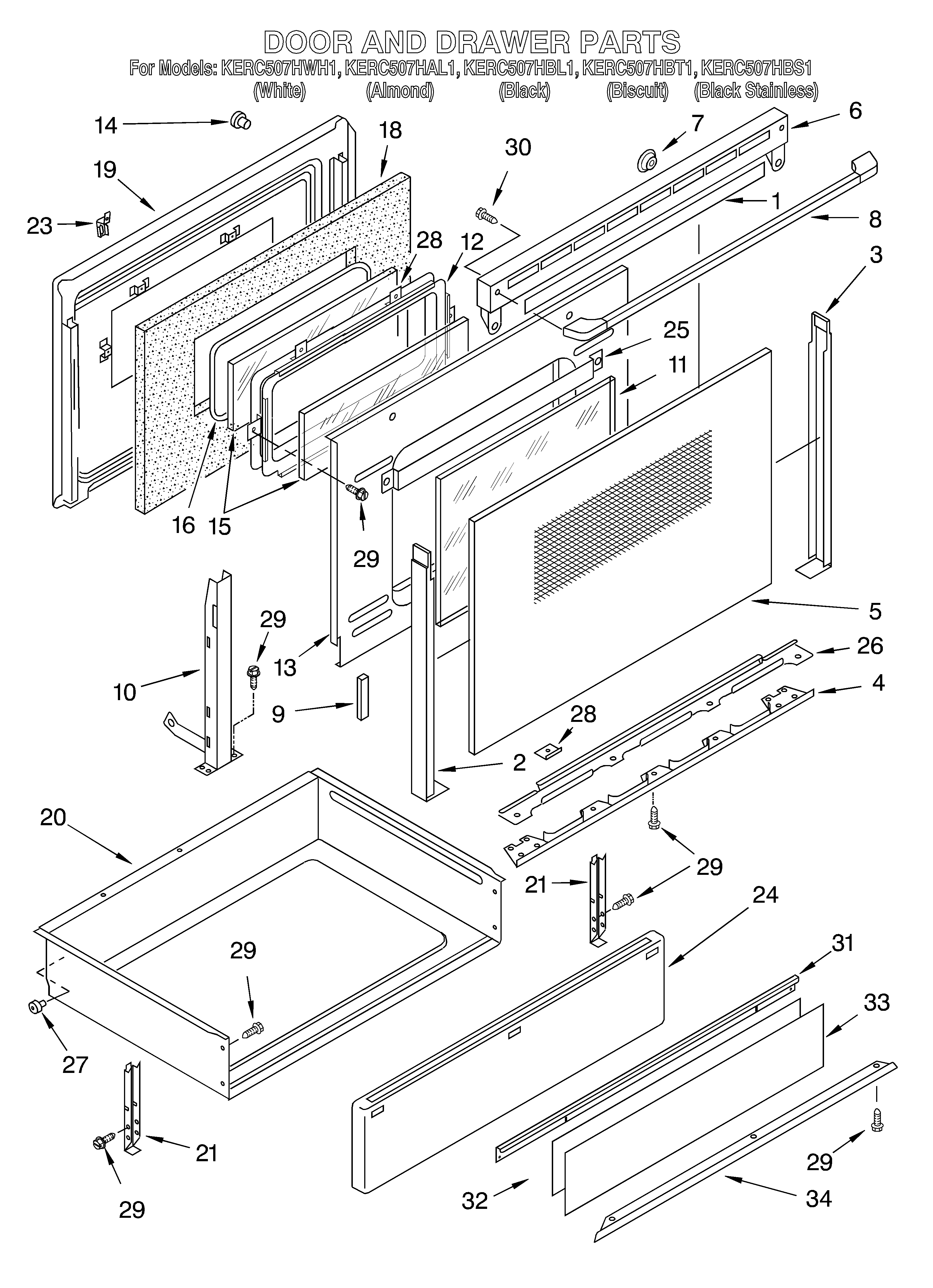 KitchenAid KERC507HAL1 door and drawer diagram