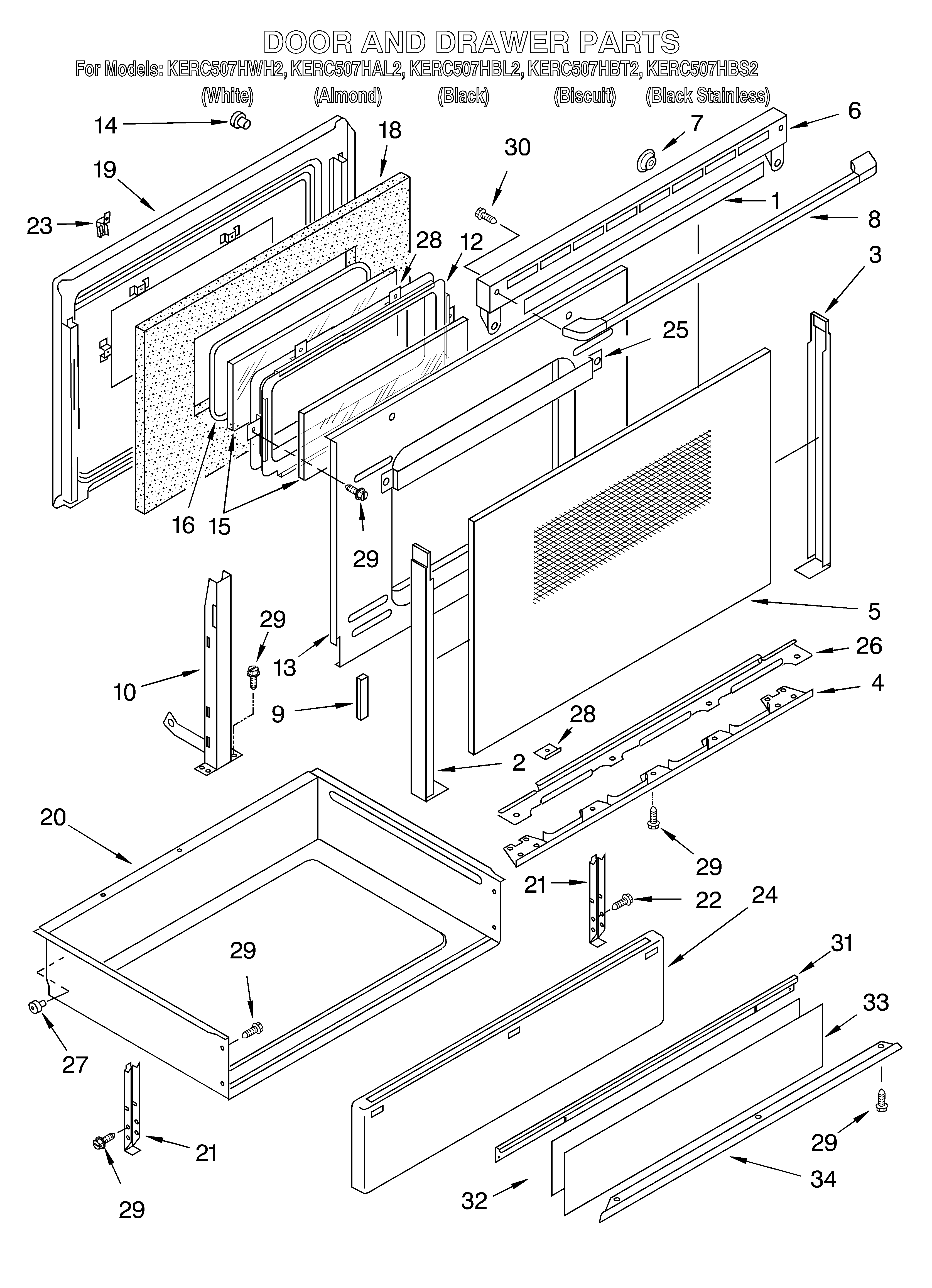 KitchenAid KERC507HBL2 door and drawer diagram