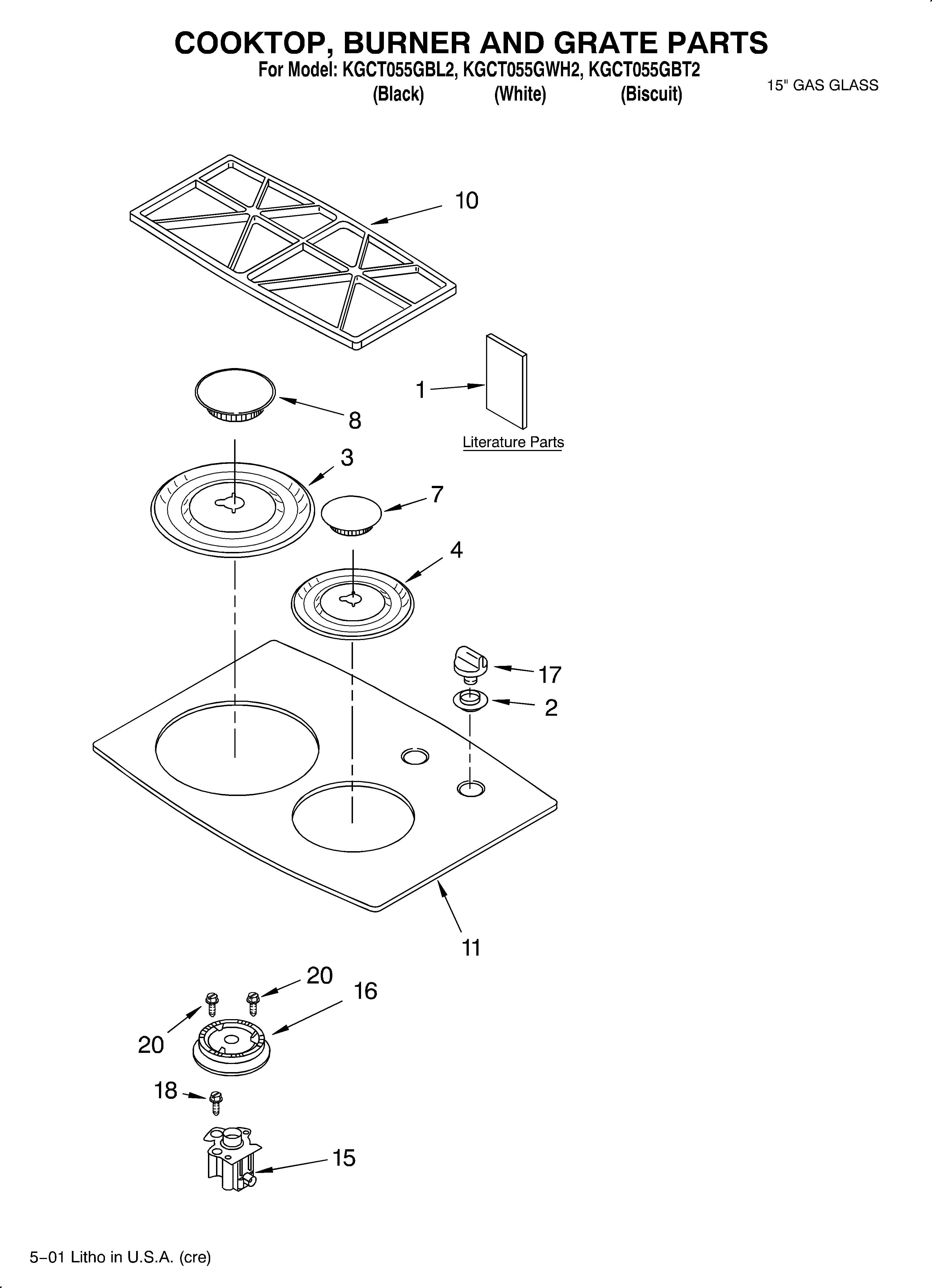 KitchenAid KGCT055GBT2 cooktop, burner, grate/literature diagram