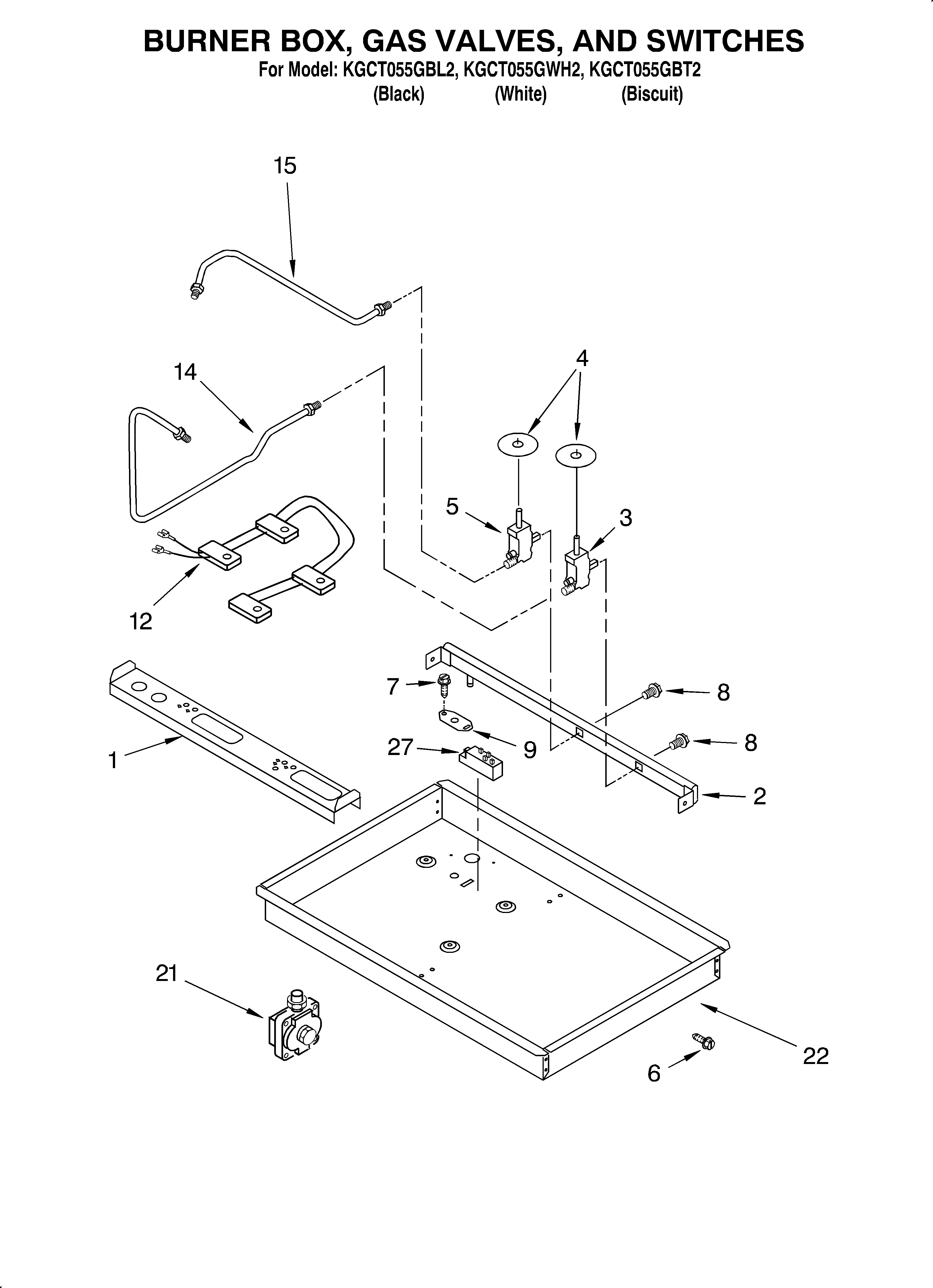 KitchenAid KGCT055GBT2 burner box, gas valves, switches diagram