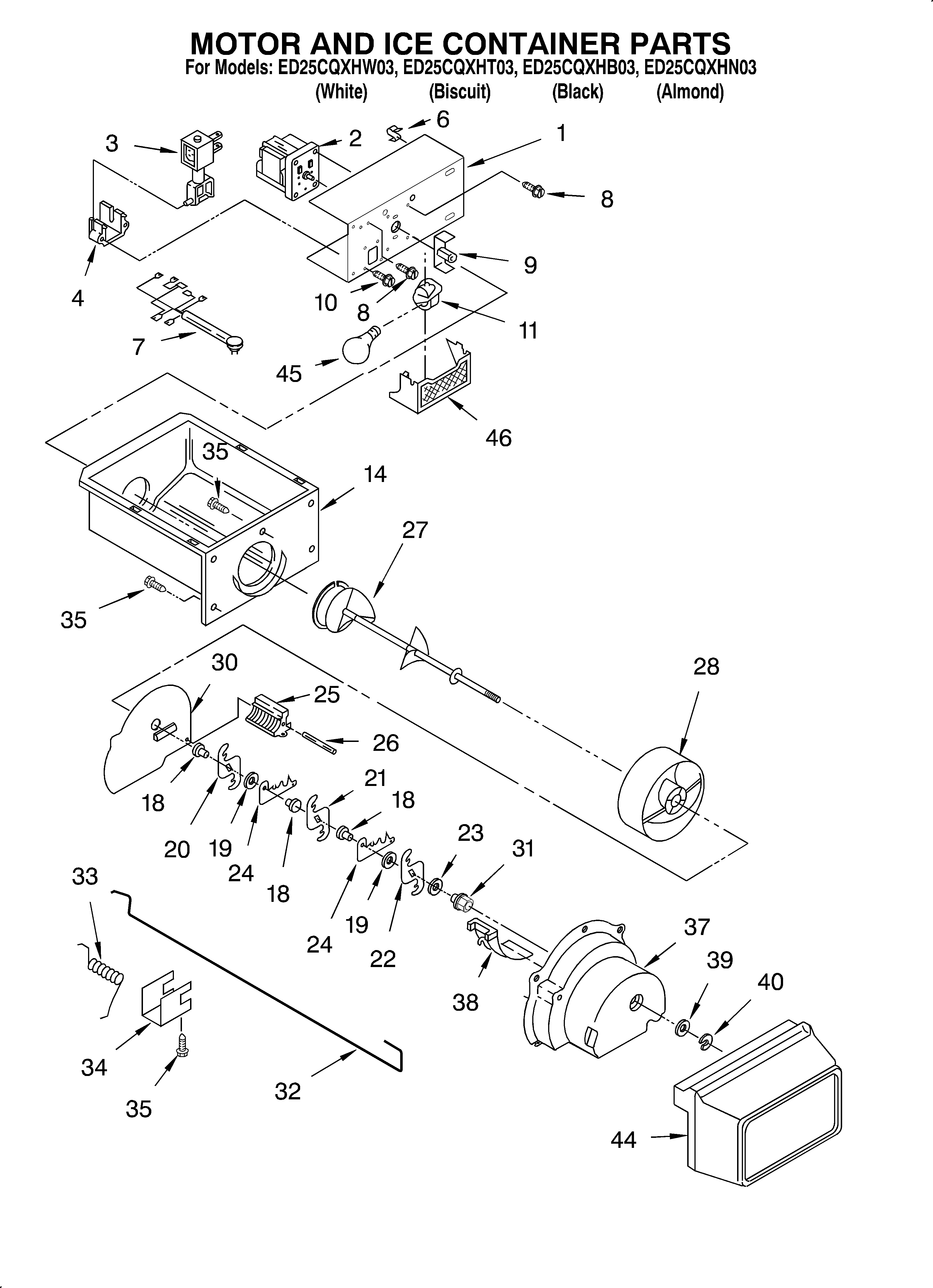 Whirlpool ED25CQXHW03 motor and ice container diagram