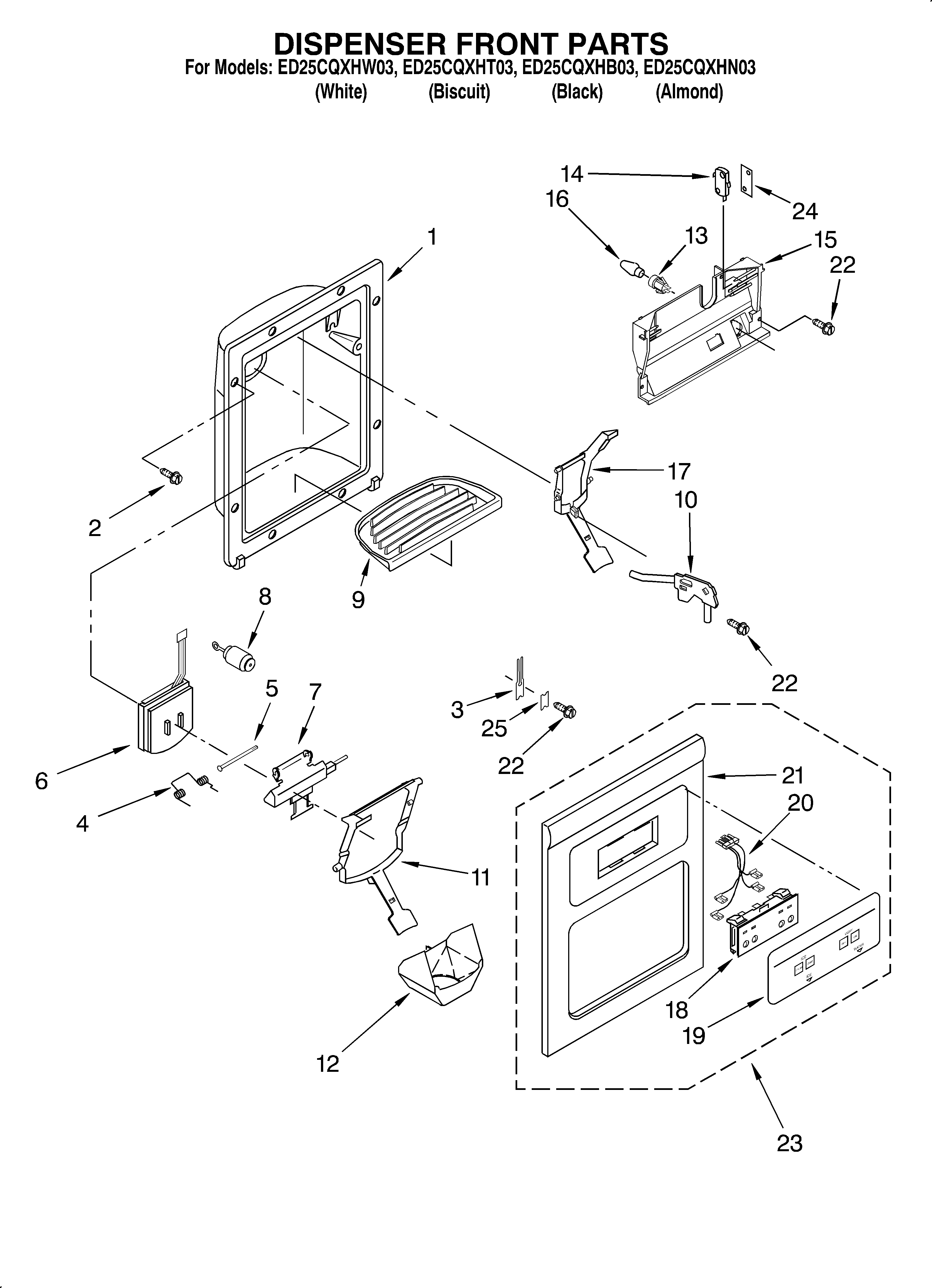 Whirlpool ED25CQXHW03 dispenser front diagram