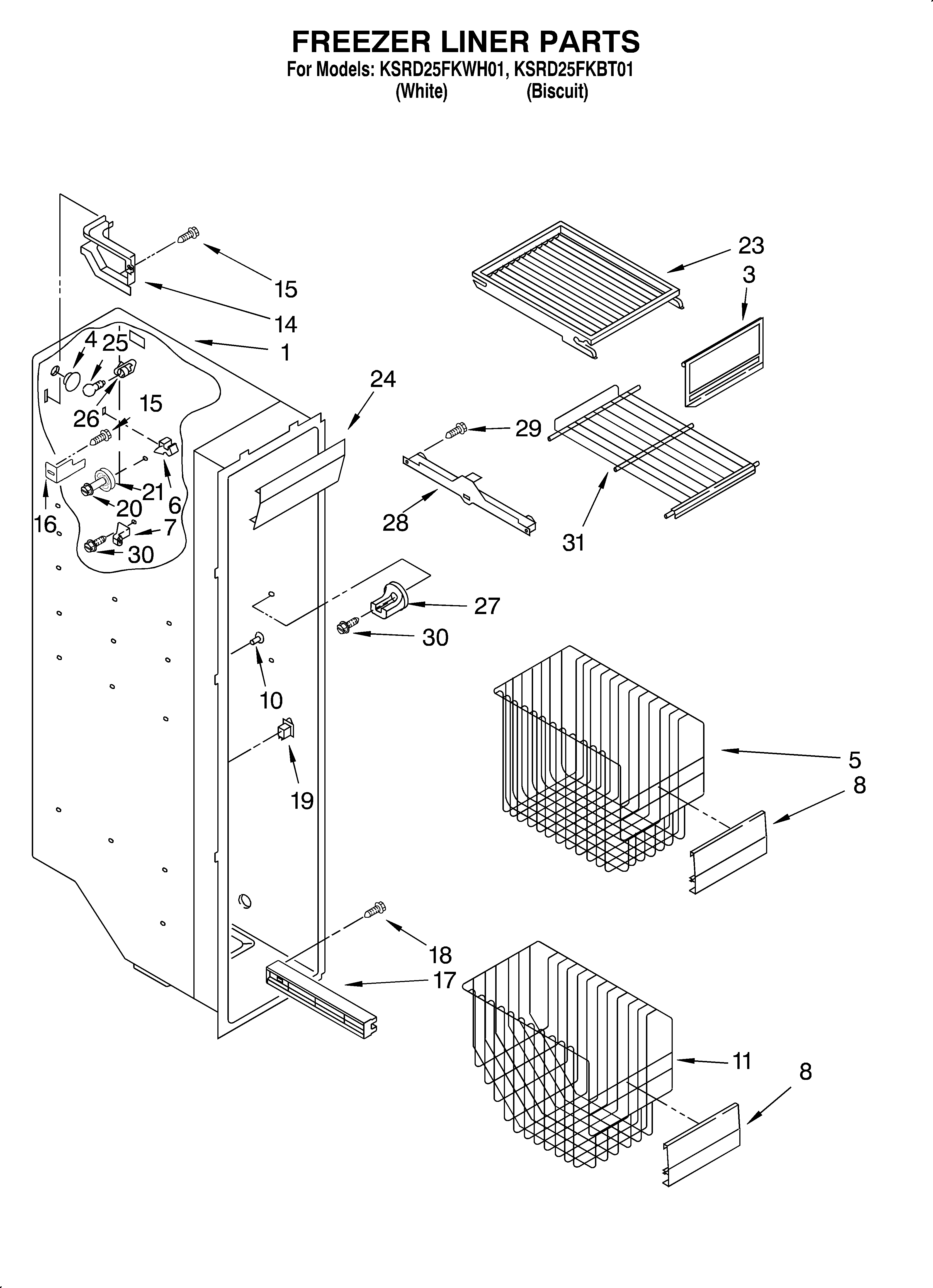 KitchenAid KSRD25FKBT01 freezer liner diagram