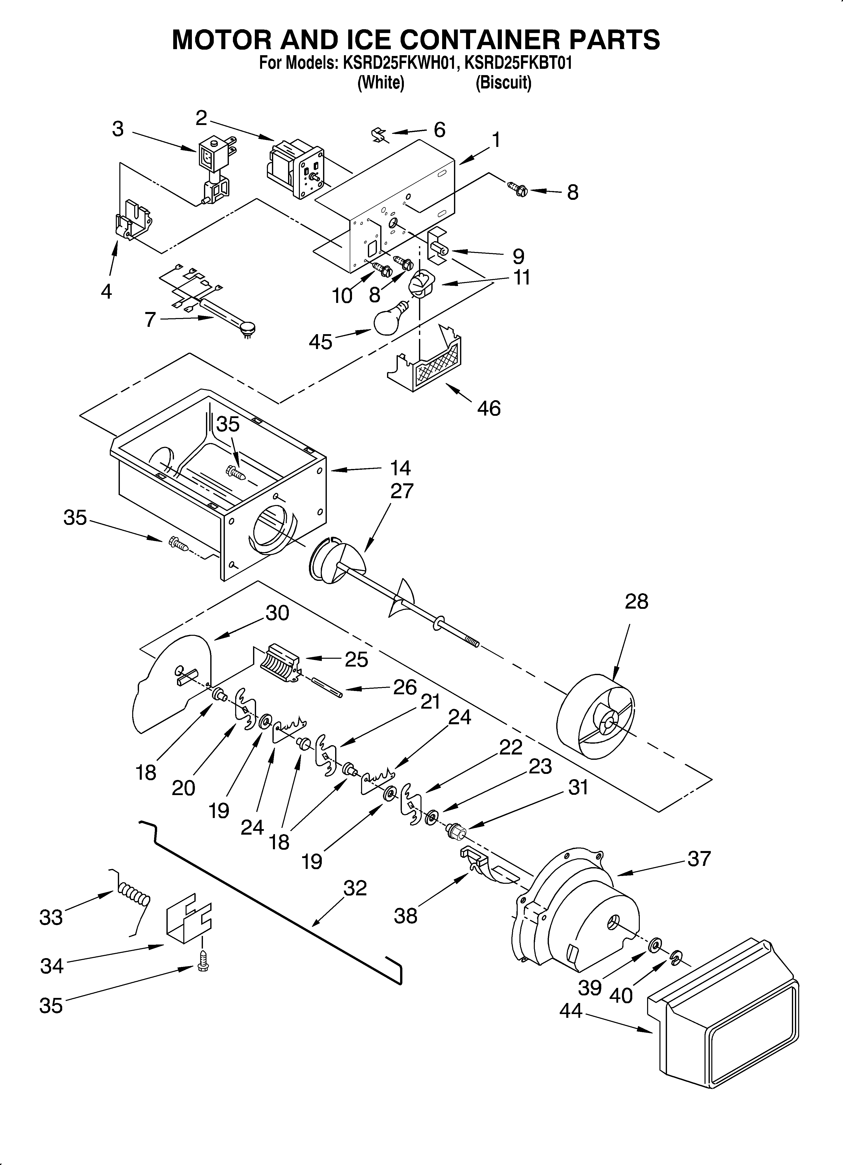KitchenAid KSRD25FKBT01 motor and ice container diagram