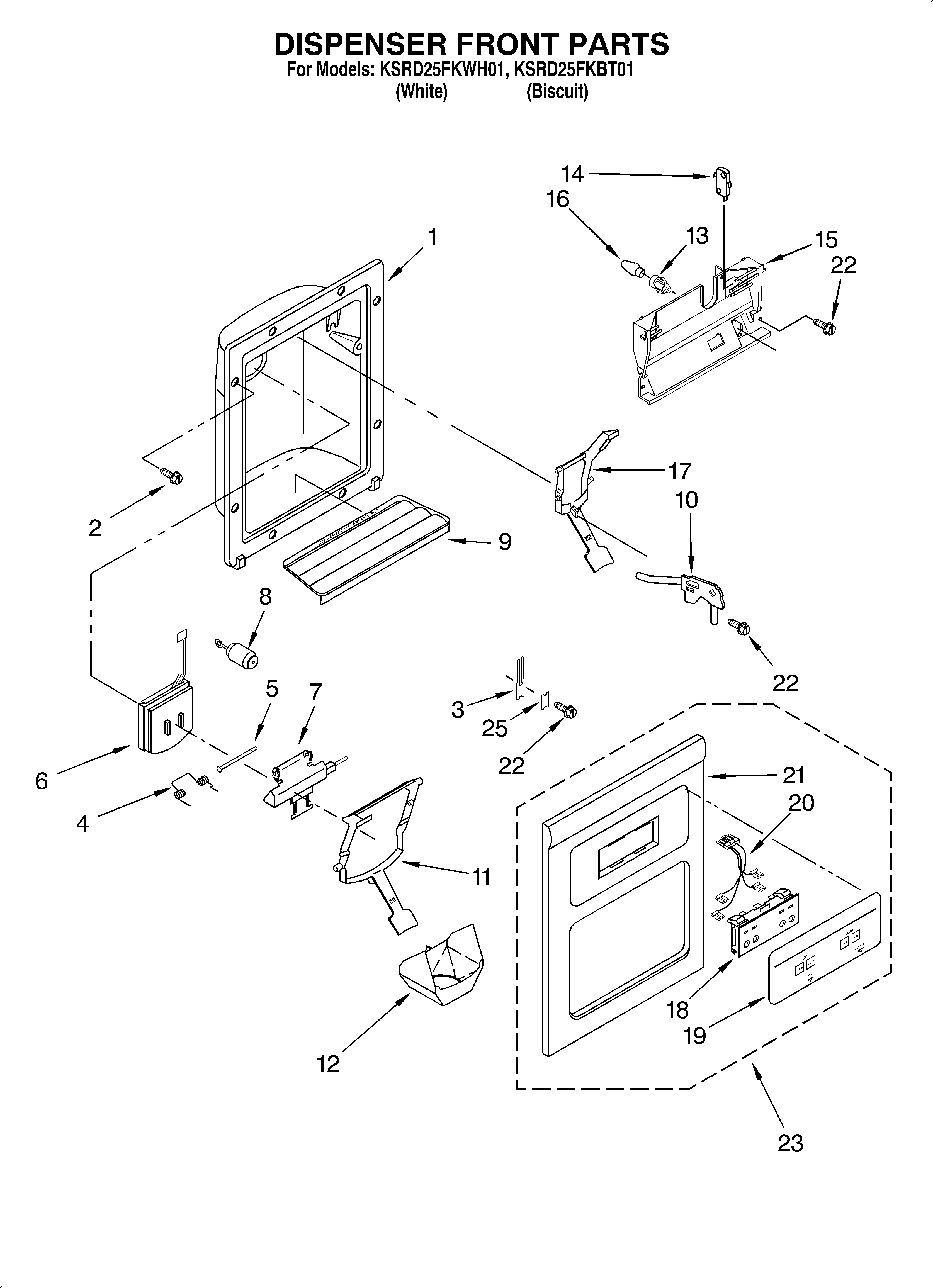 KitchenAid KSRD25FKBT01 dispenser front diagram