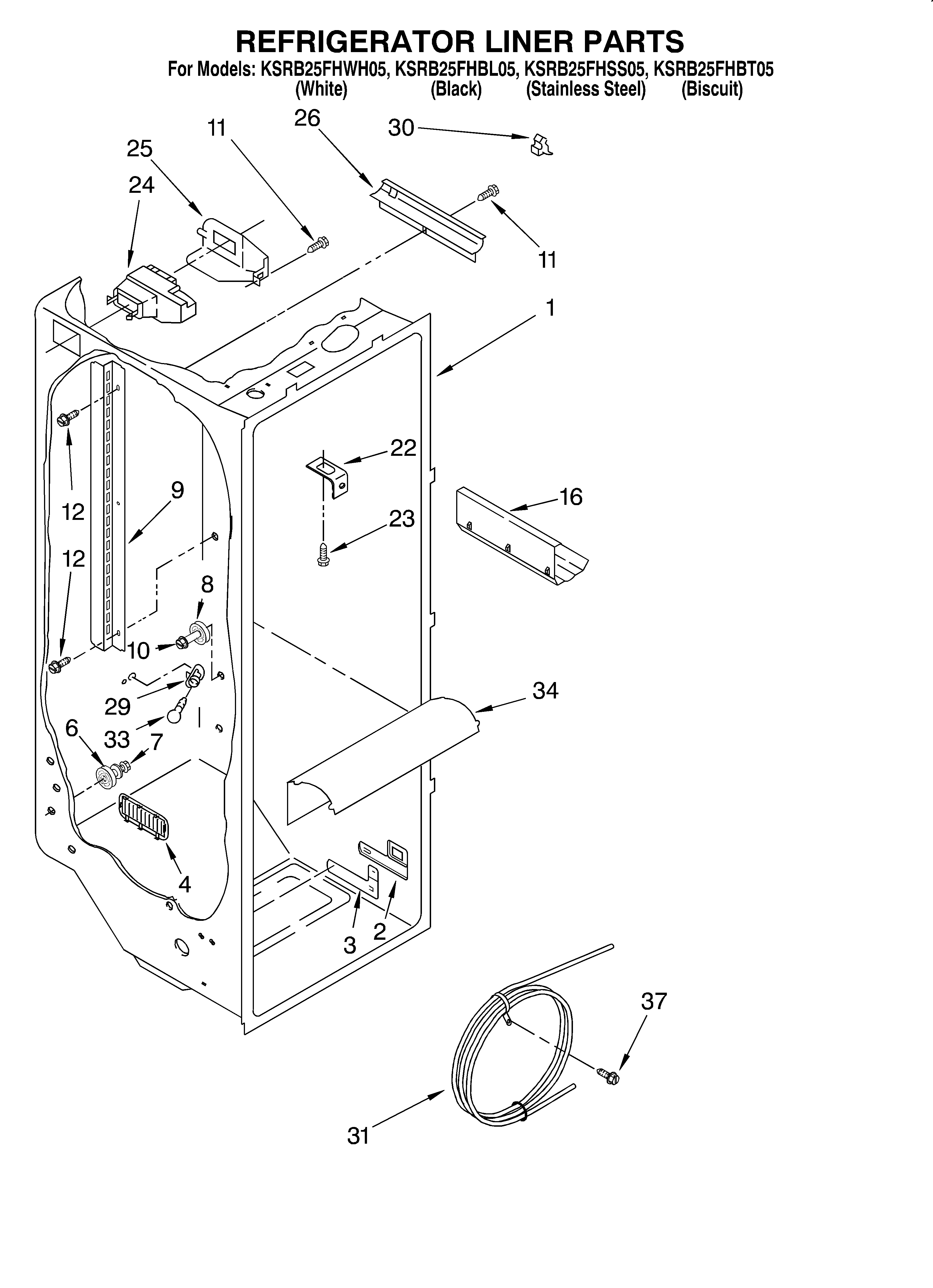 KitchenAid KSRB25FHWH05 refrigerator liner diagram