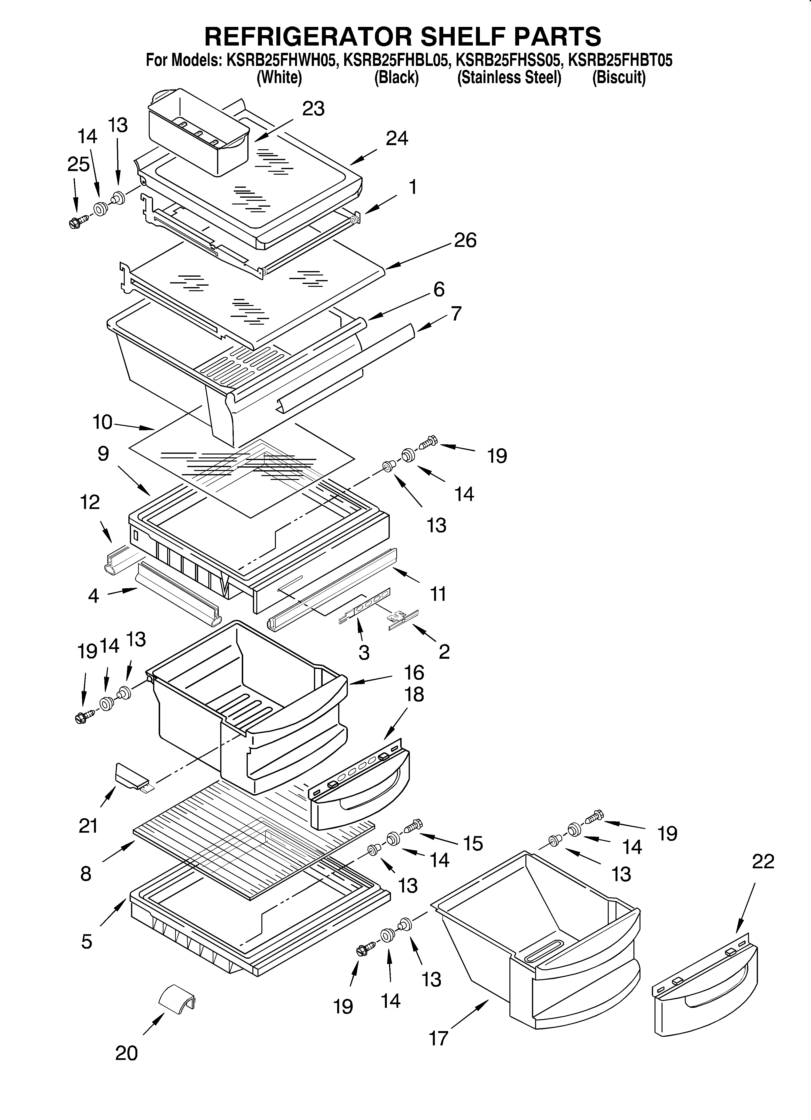 KitchenAid KSRB25FHWH05 refrigerator shelf diagram