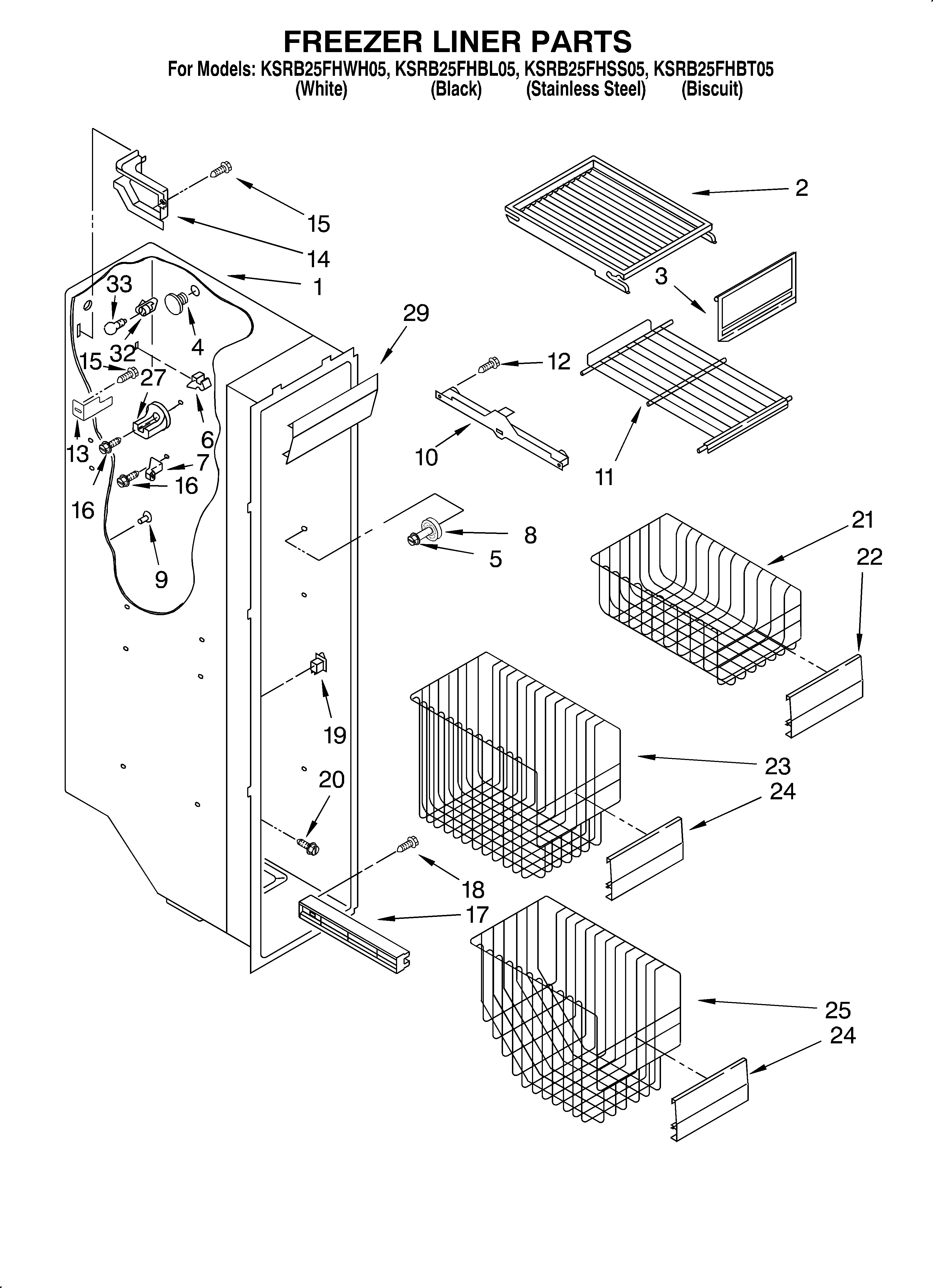 KitchenAid KSRB25FHWH05 freezer liner diagram