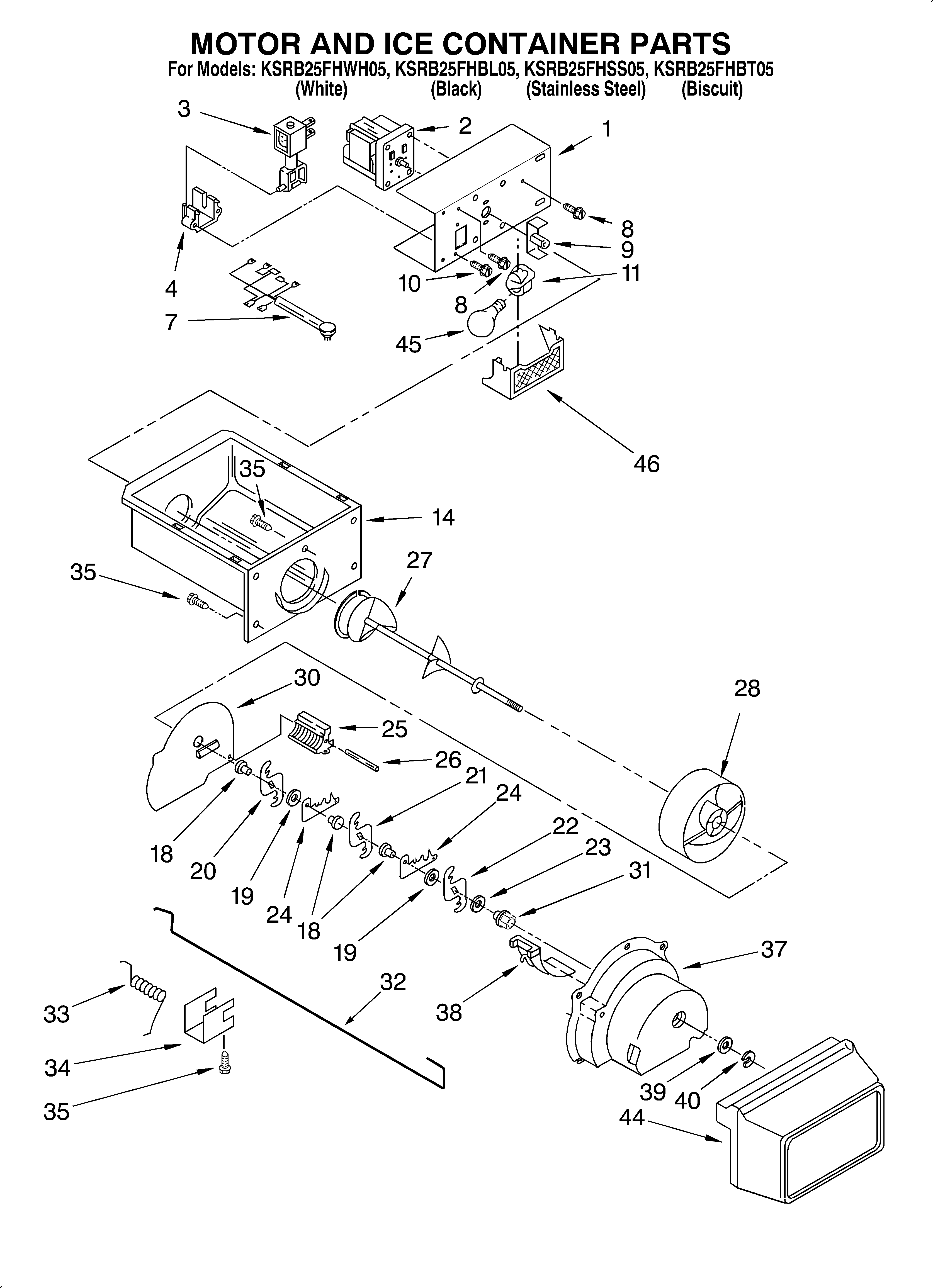 KitchenAid KSRB25FHWH05 motor and ice container diagram