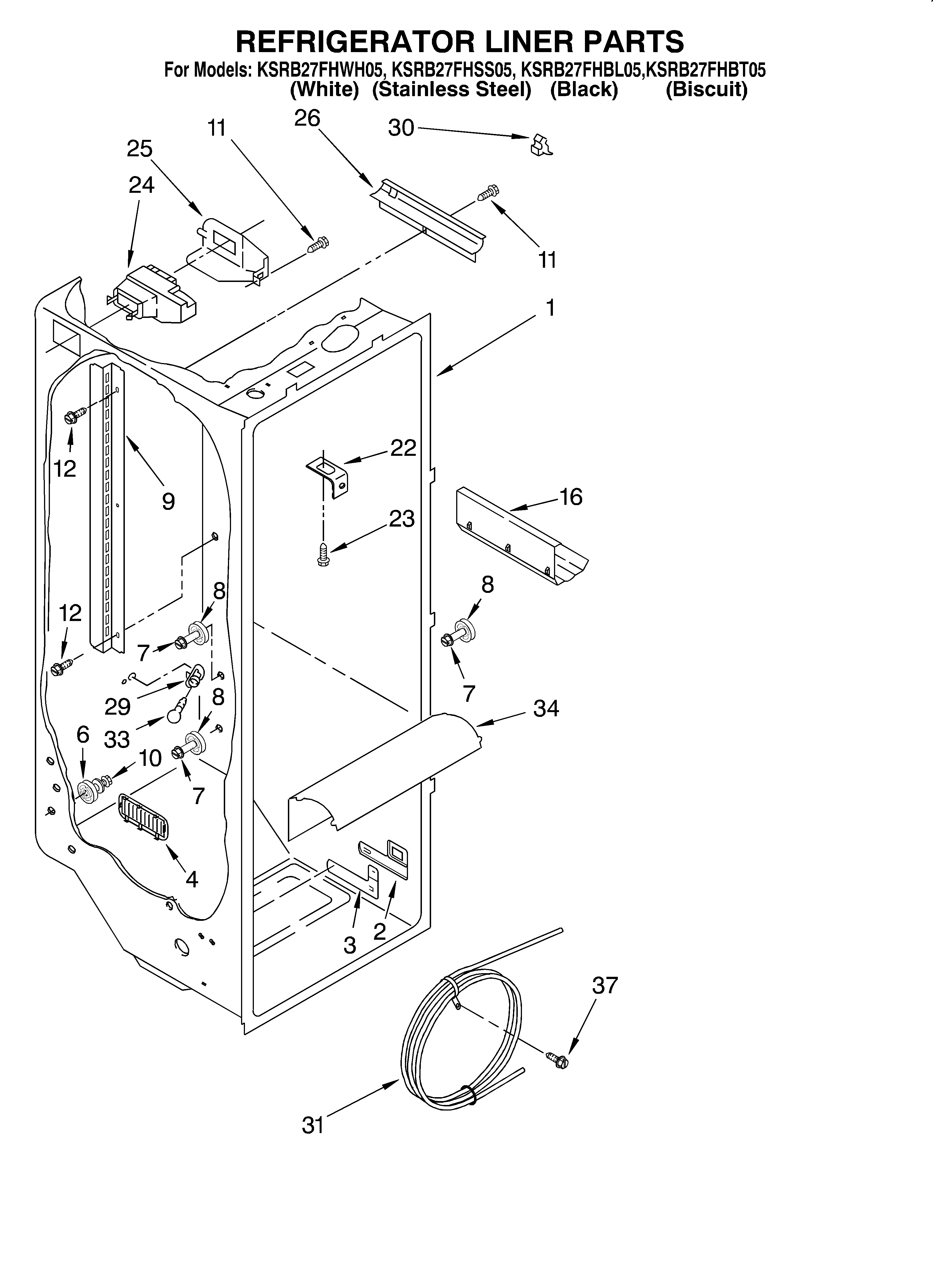 KitchenAid KSRB27FHBT05 refrigerator liner diagram
