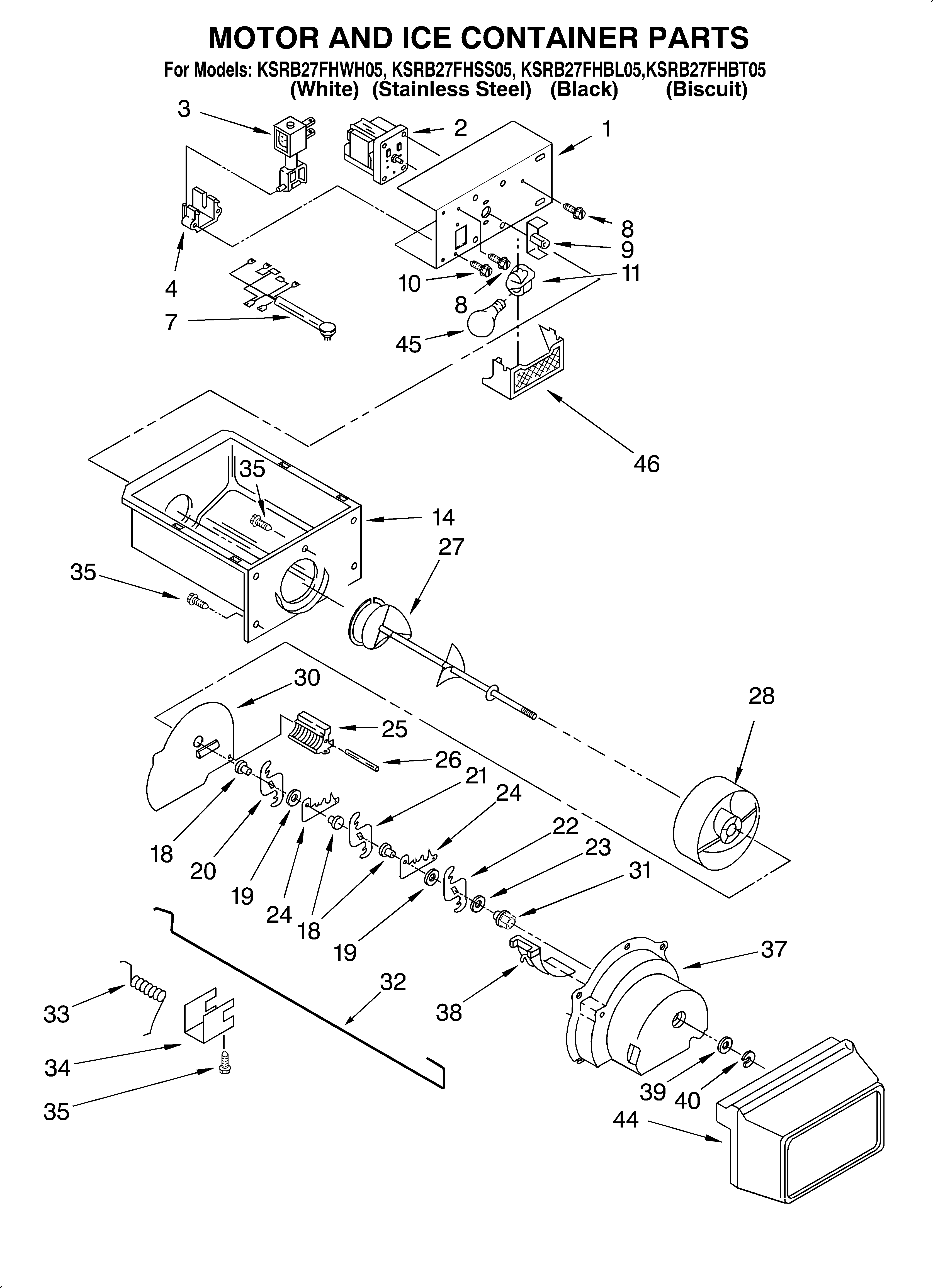 KitchenAid KSRB27FHBT05 motor and ice container diagram