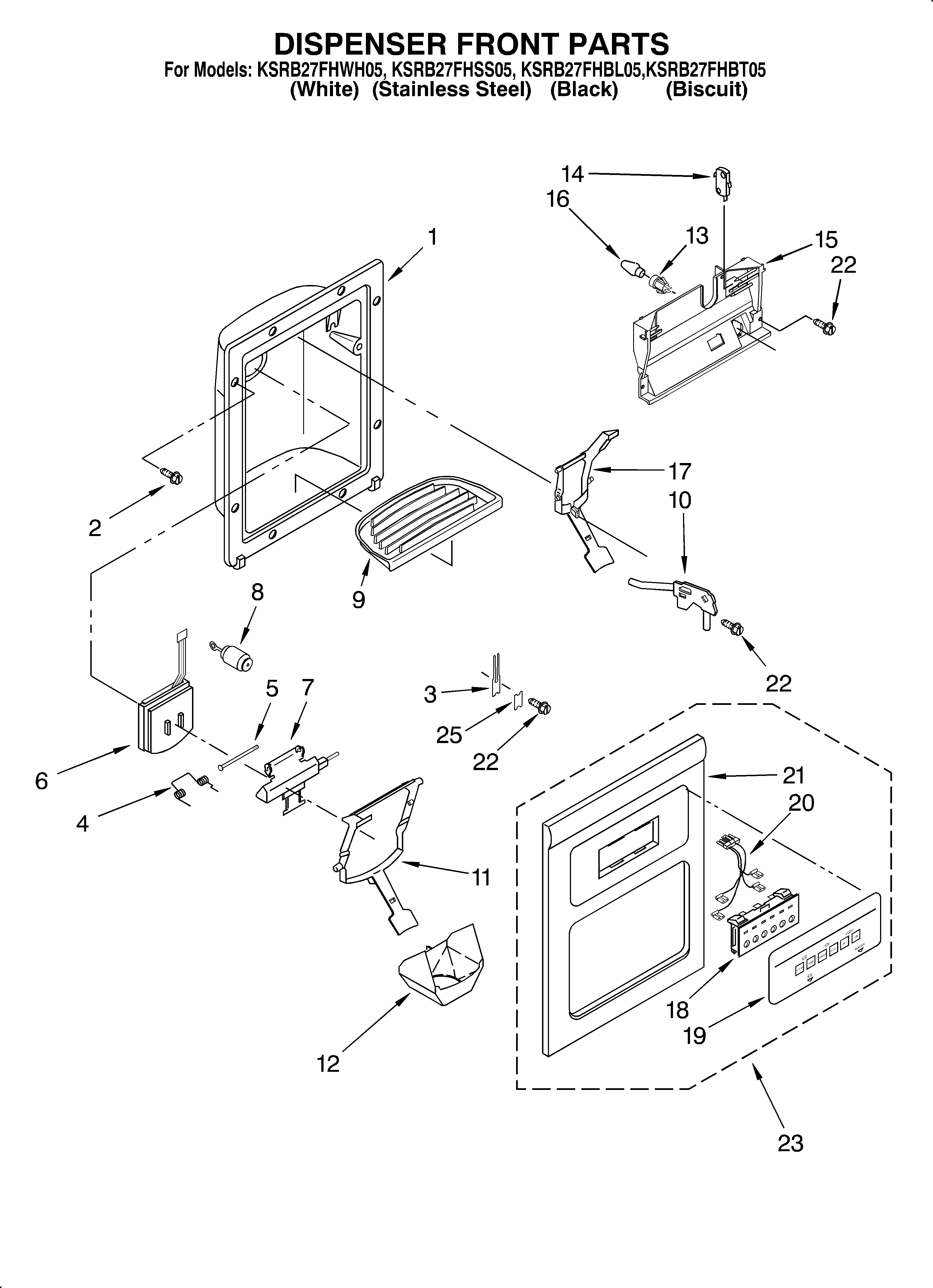 KitchenAid KSRB27FHBT05 dispenser front diagram
