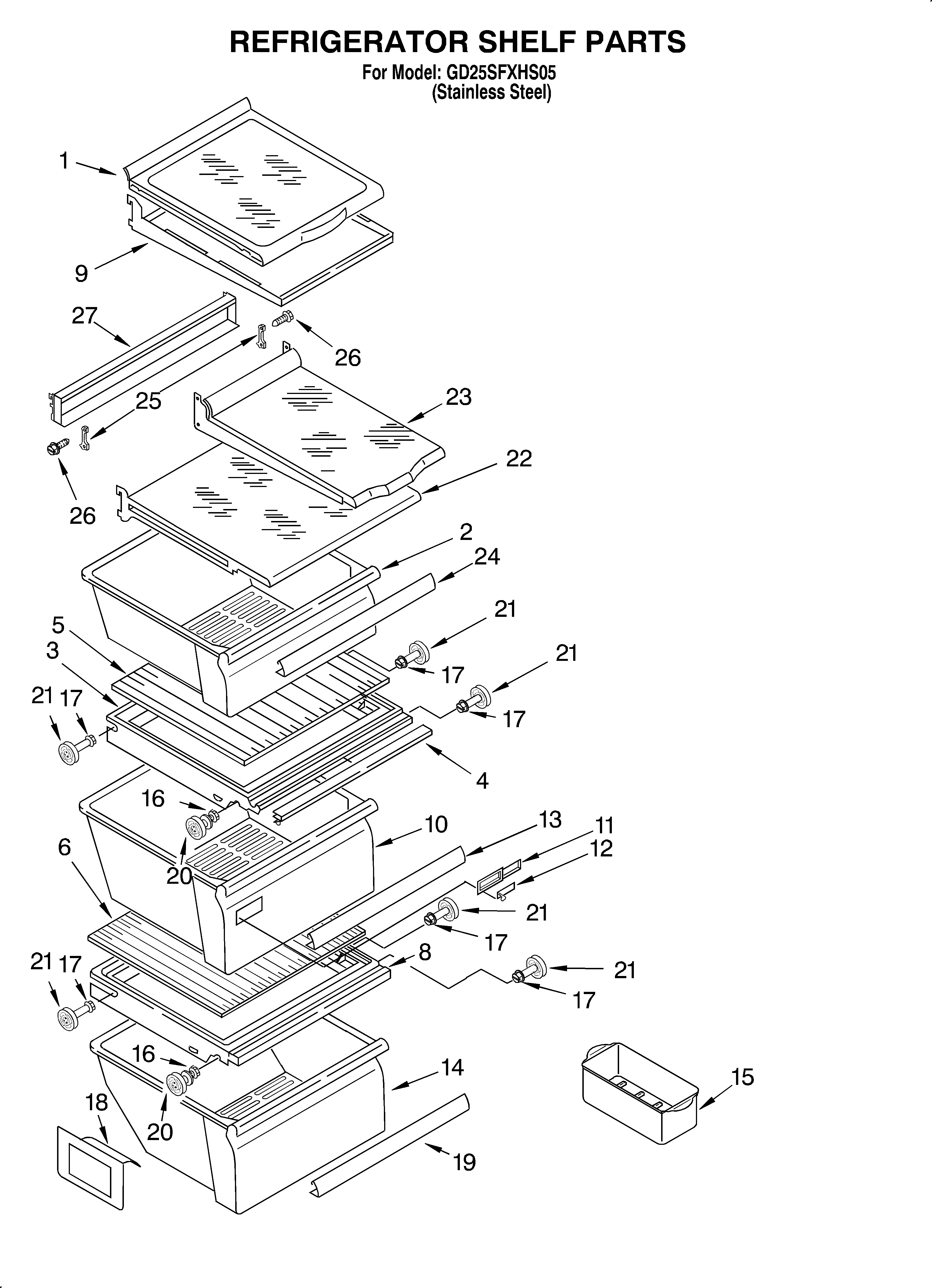 Whirlpool GD25SFXHS05 refrigerator shelf diagram