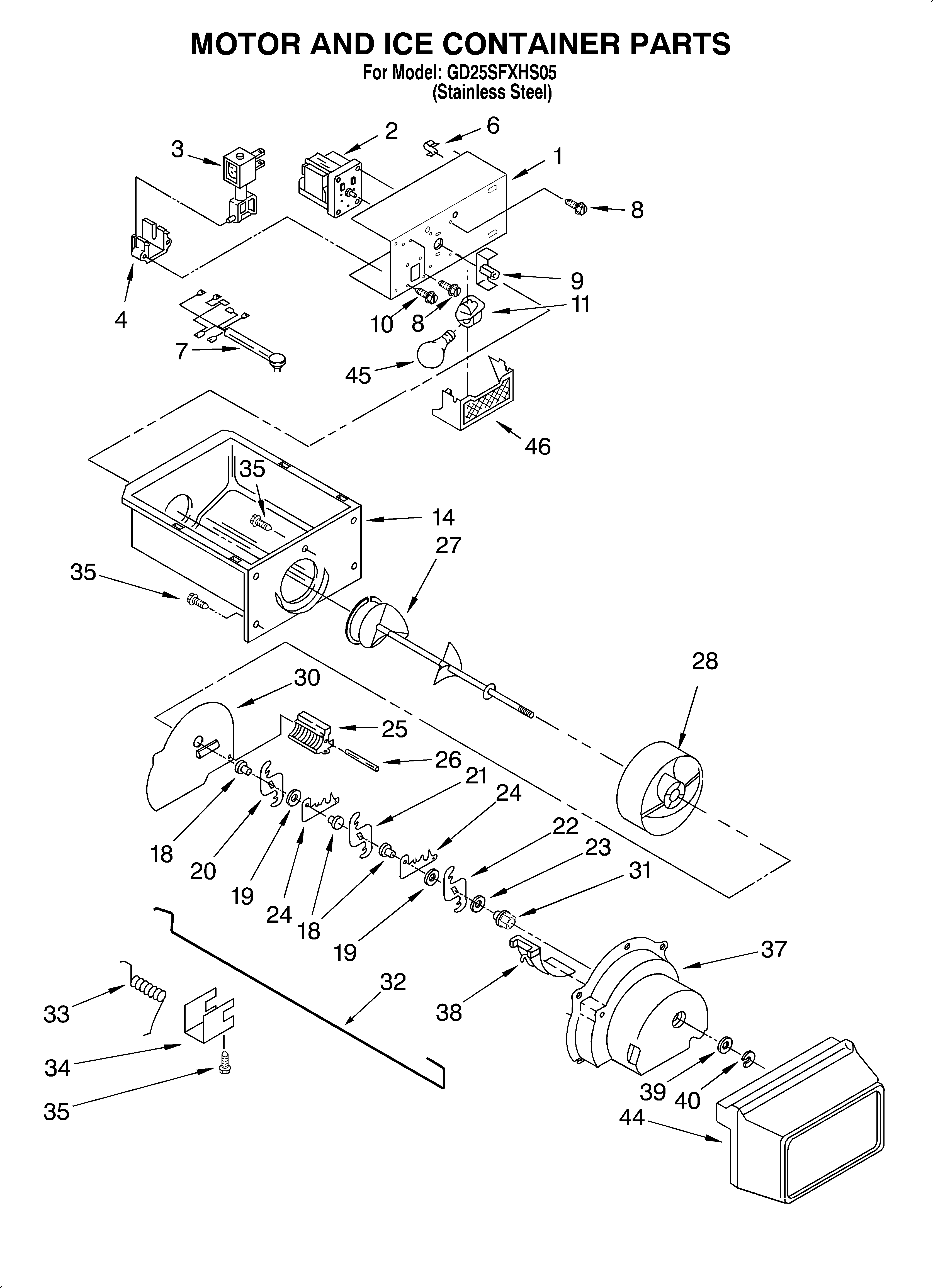 Whirlpool GD25SFXHS05 motor and ice container diagram