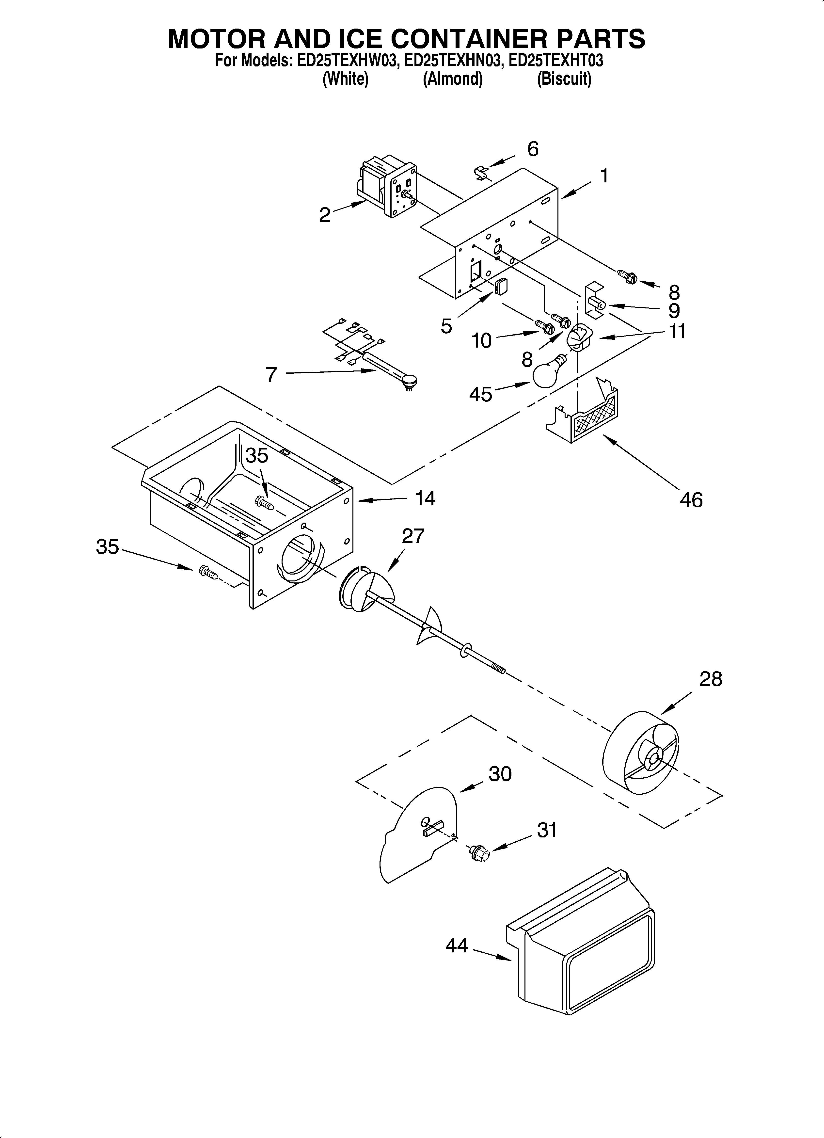 Whirlpool ED25TEXHT03 motor and ice container diagram