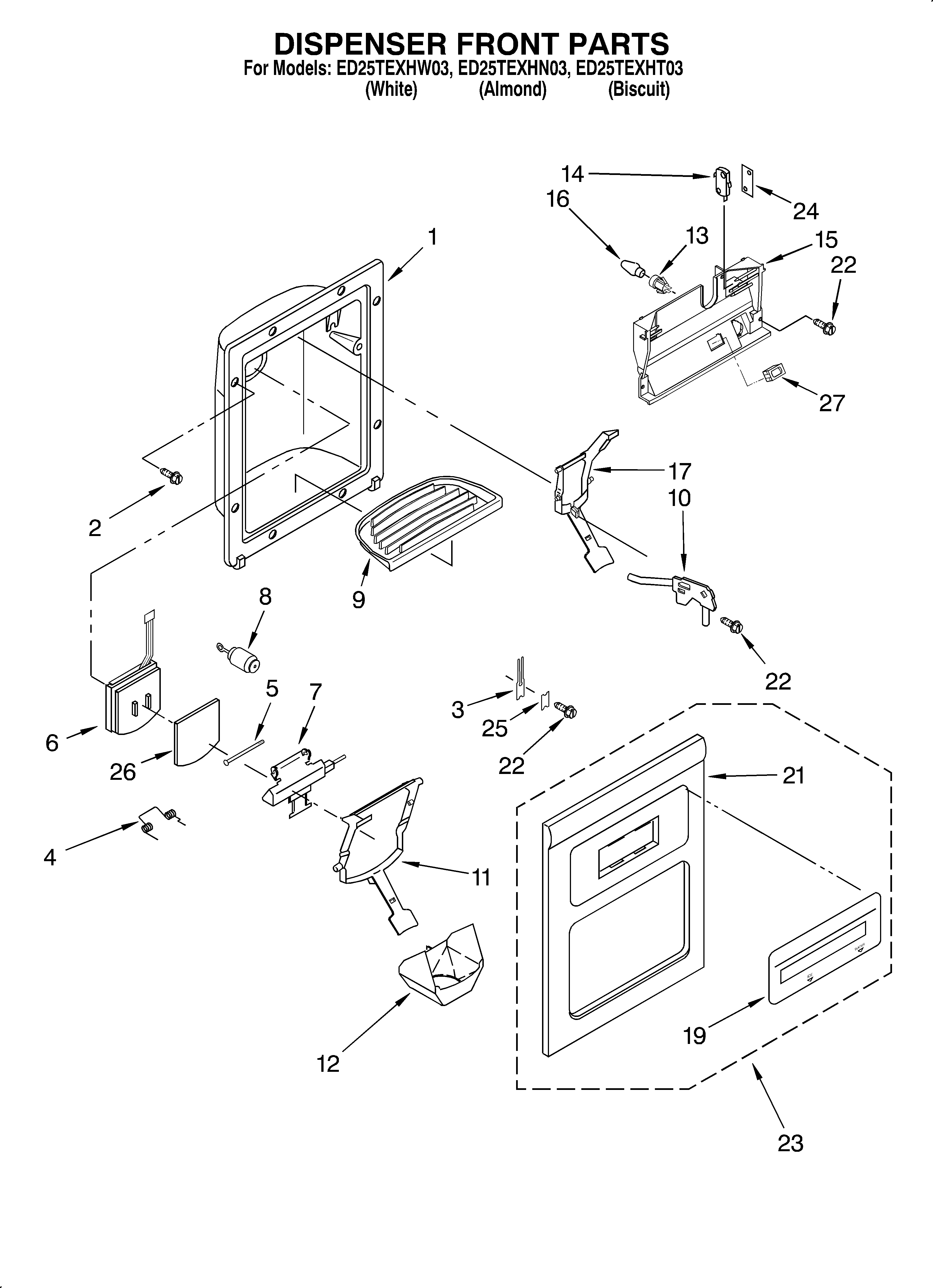 Whirlpool ED25TEXHT03 dispenser front diagram