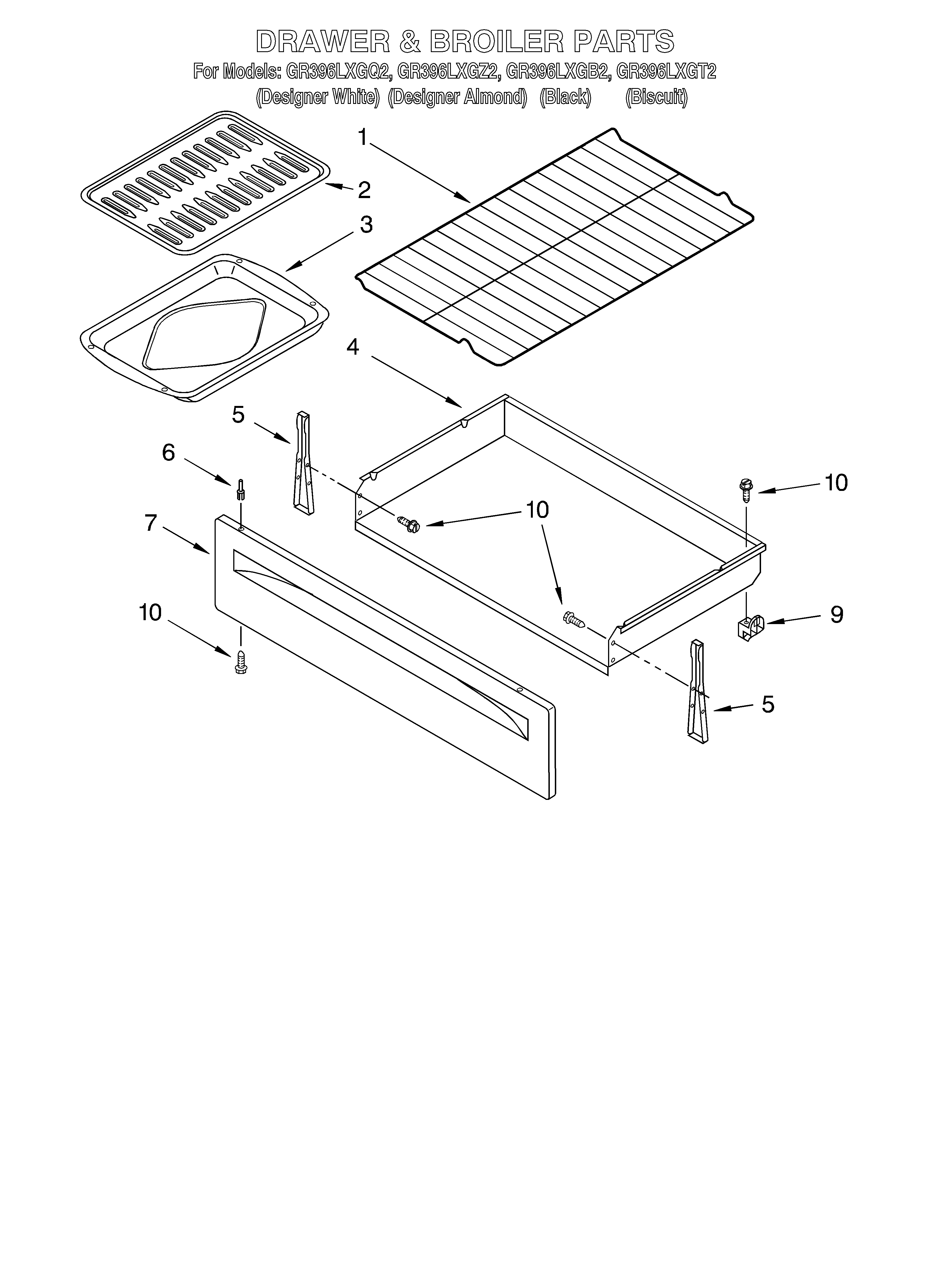 Whirlpool GR396LXGT2 drawer and broiler diagram