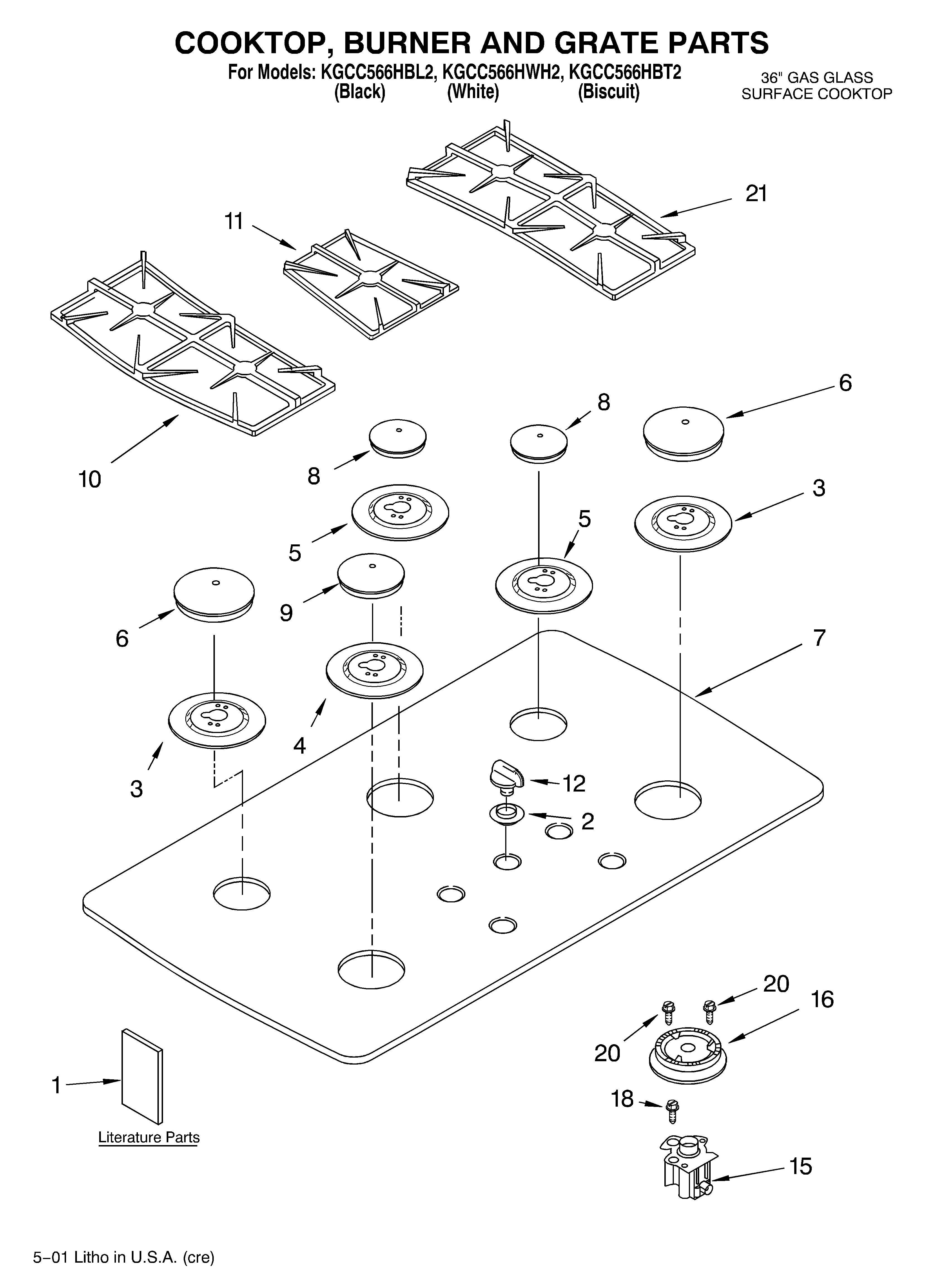 KitchenAid KGCC566HBT2 cooktop, burner, grate/literature diagram