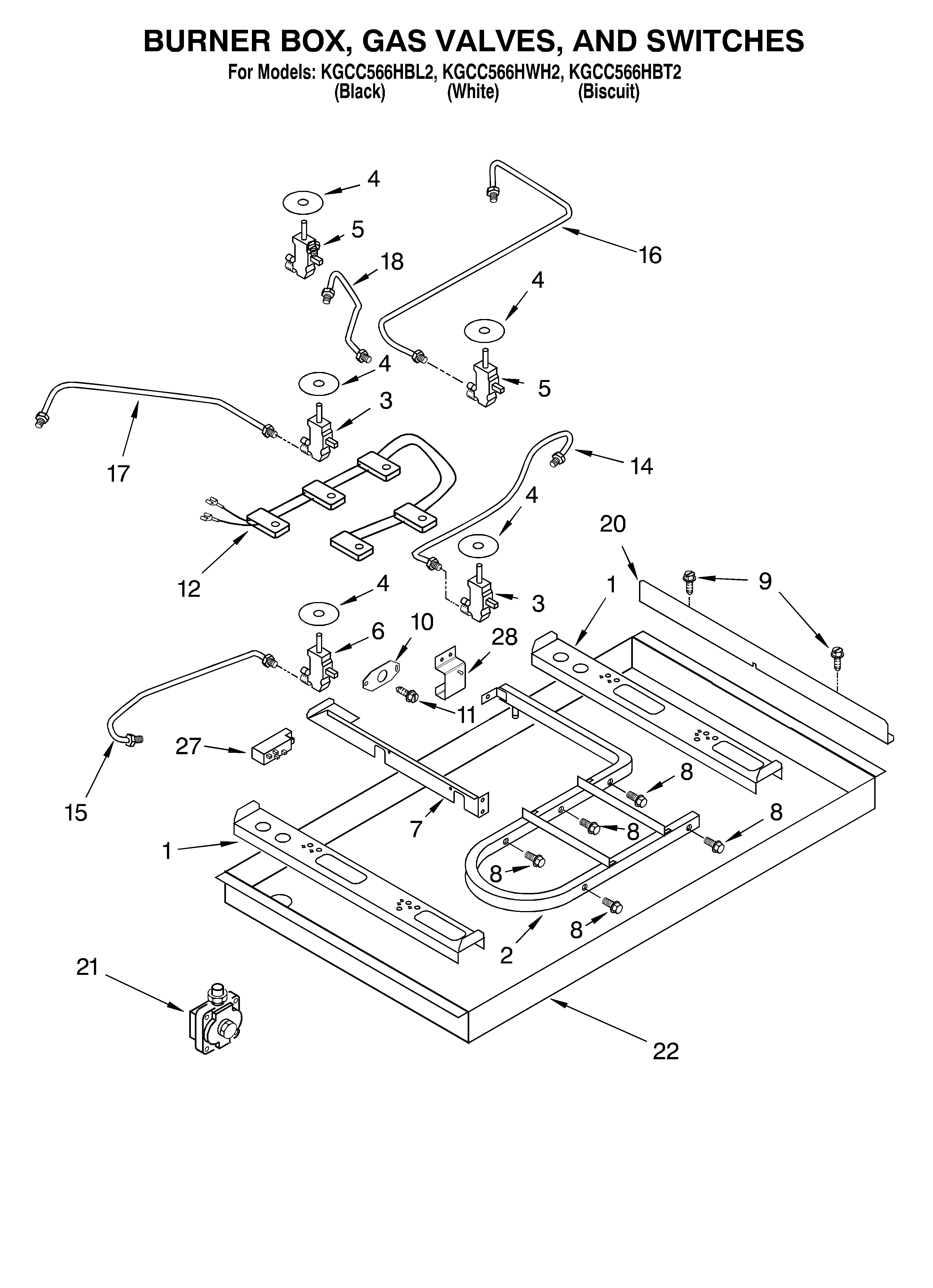 KitchenAid KGCC566HBT2 burner box, gas valves, switches diagram