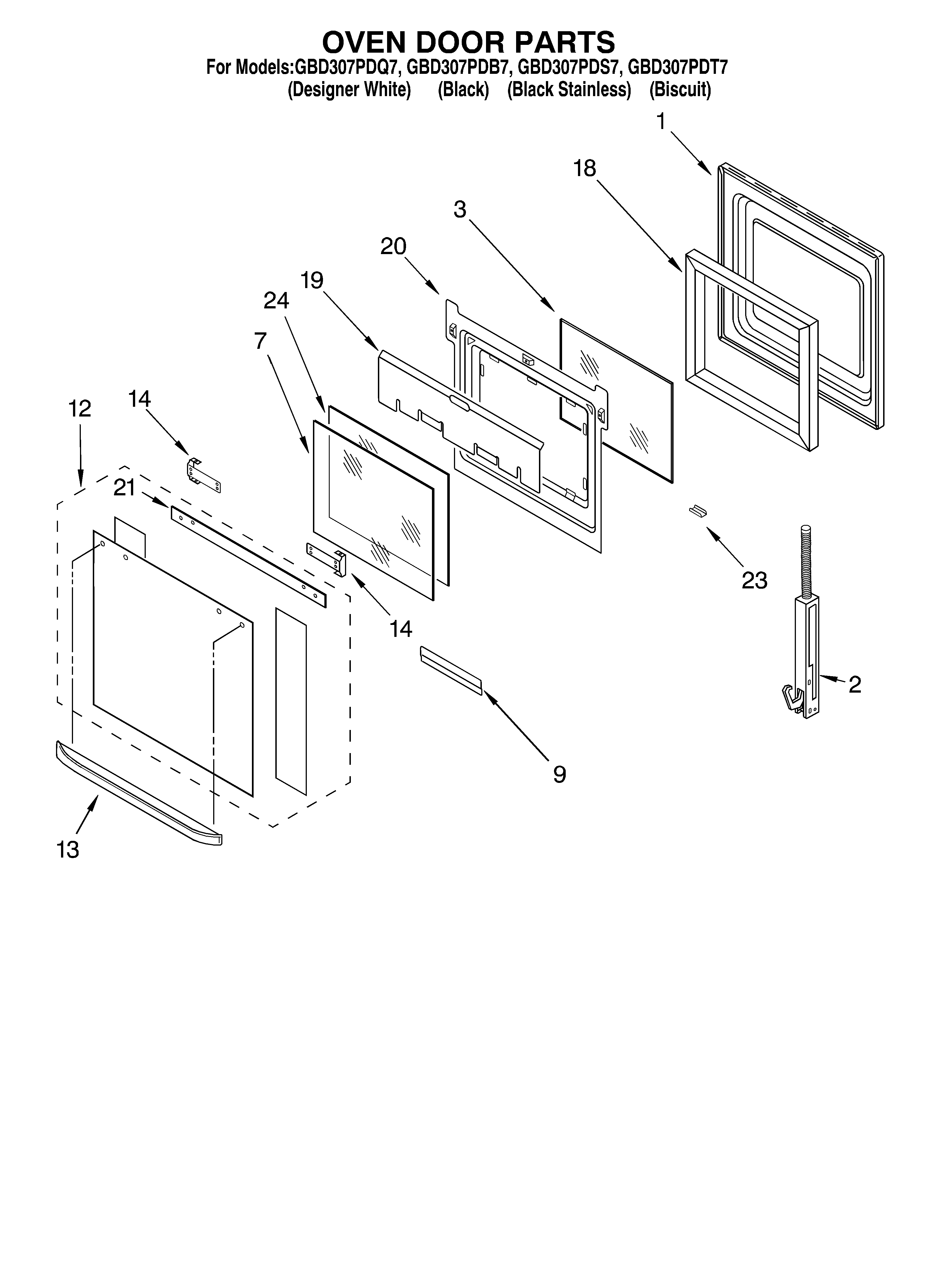 Whirlpool GBD307PDQ7 oven door diagram