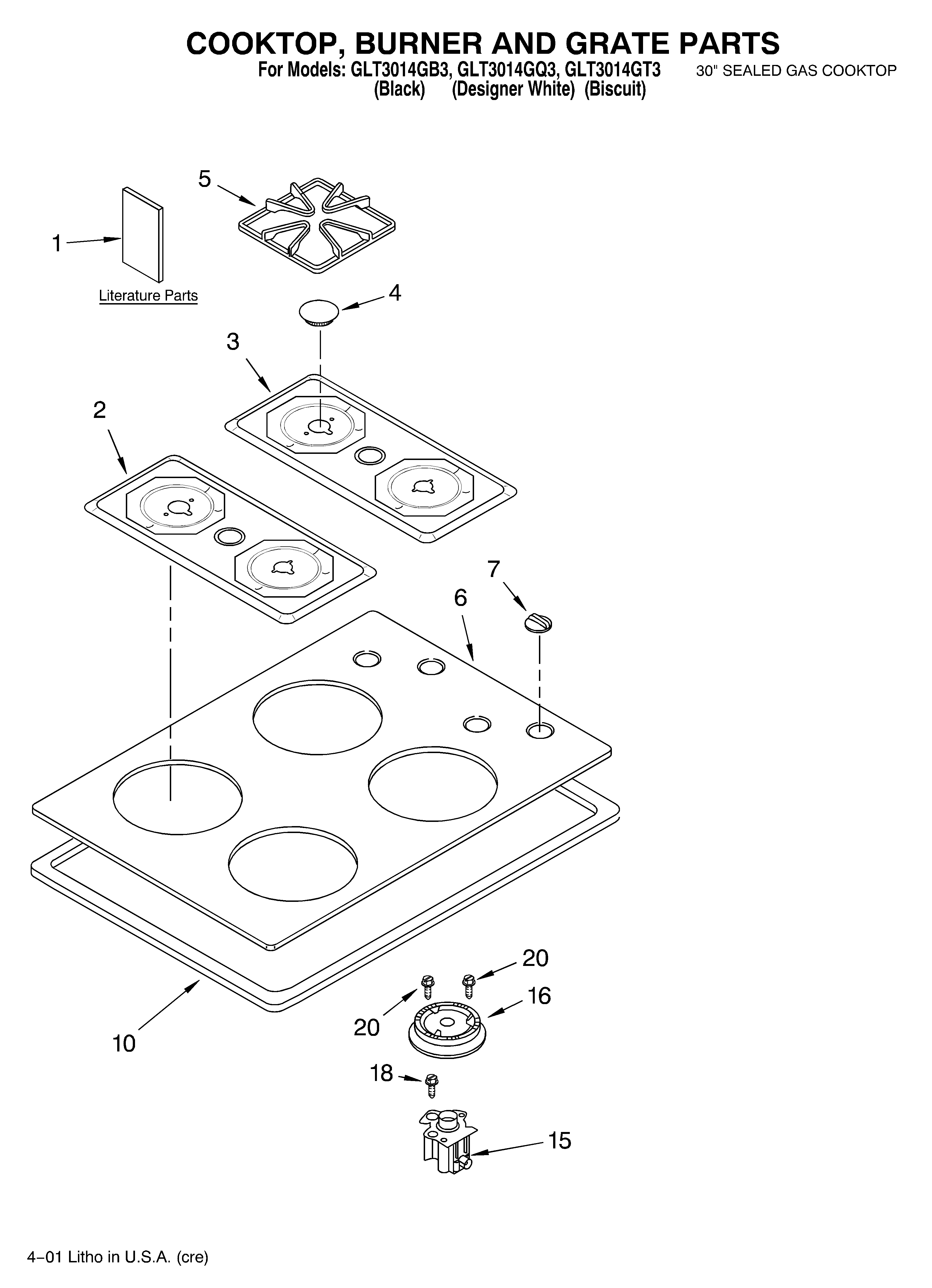 Whirlpool GLT3014GB3 cooktop, burner, grate diagram